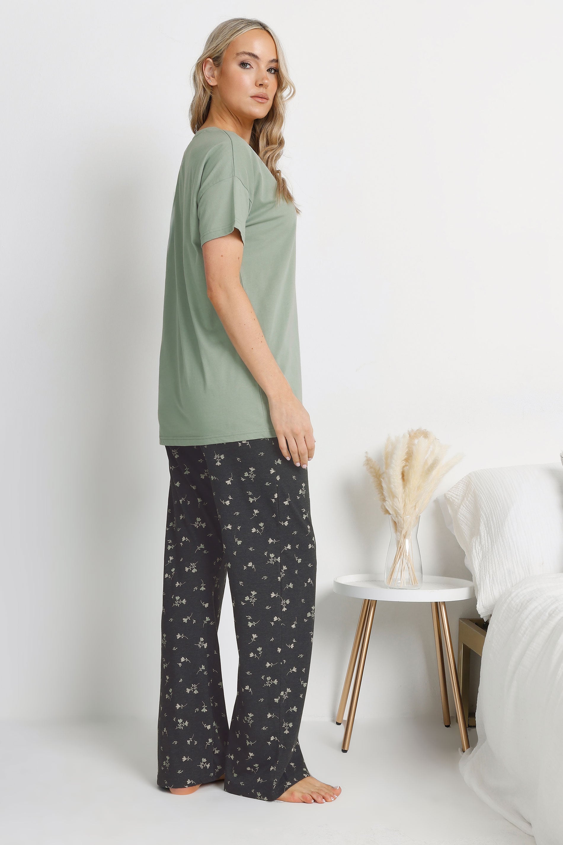  LTS Tall Sage Green Floral 'Love Grows Here' Slogan Pyjama Set