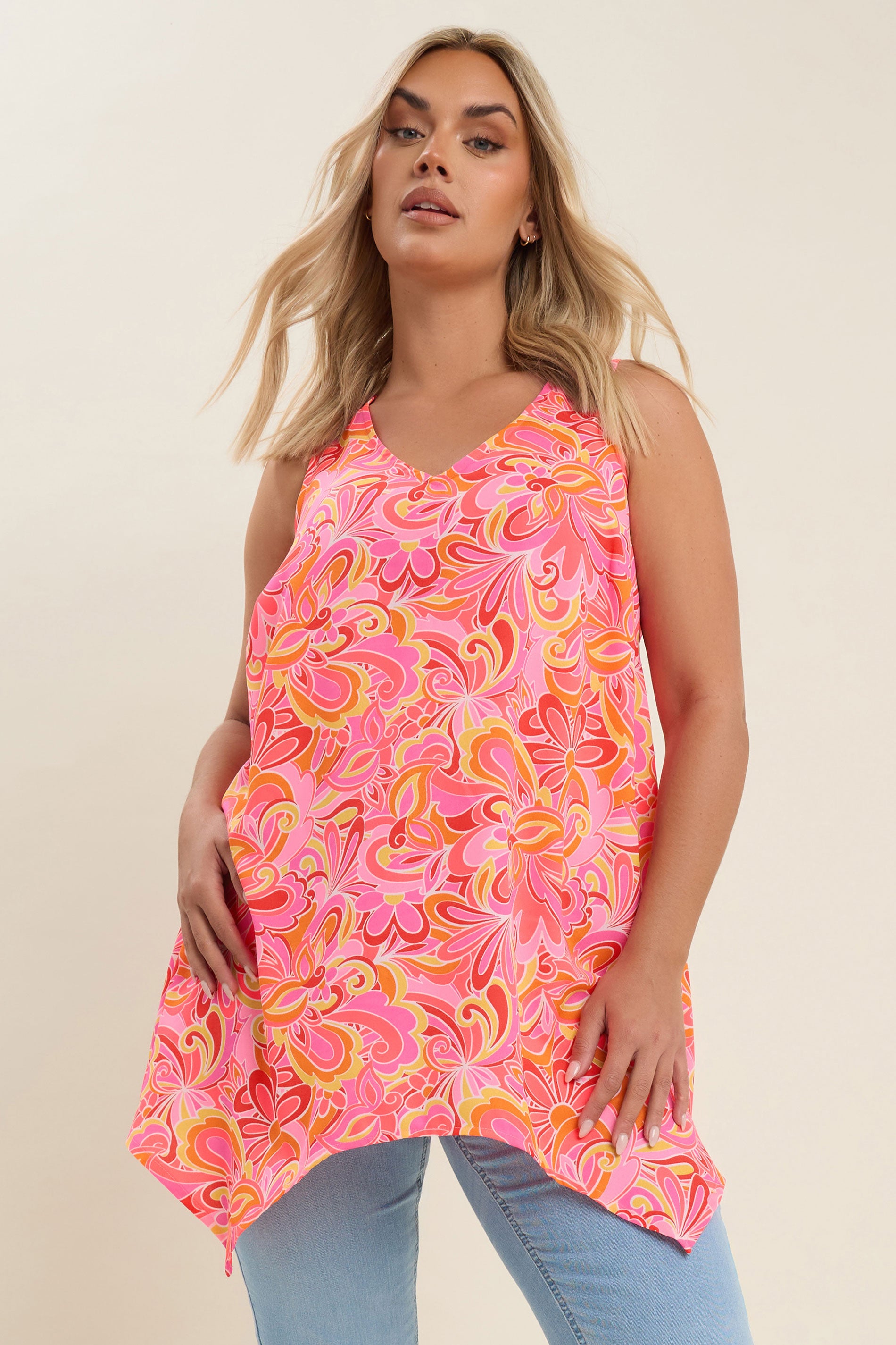  YOURS - Top Rose & Orange Tourbillons Floral Ourlet Asymétrique