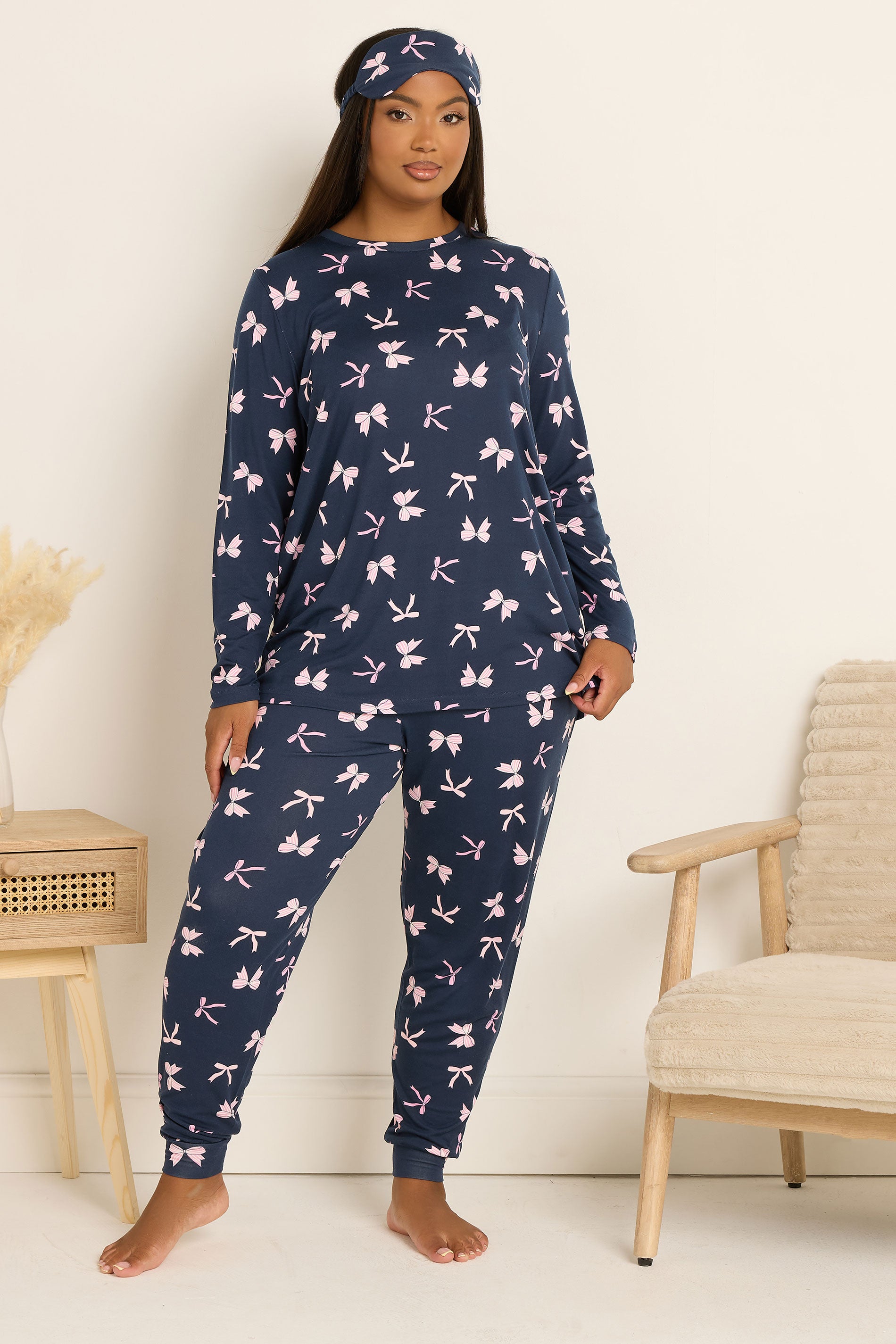  YOURS Curve Ensemble Pyjama Et Masque Pour Les Yeux Doux Au Toucher Avec Nœud Bleu Marine