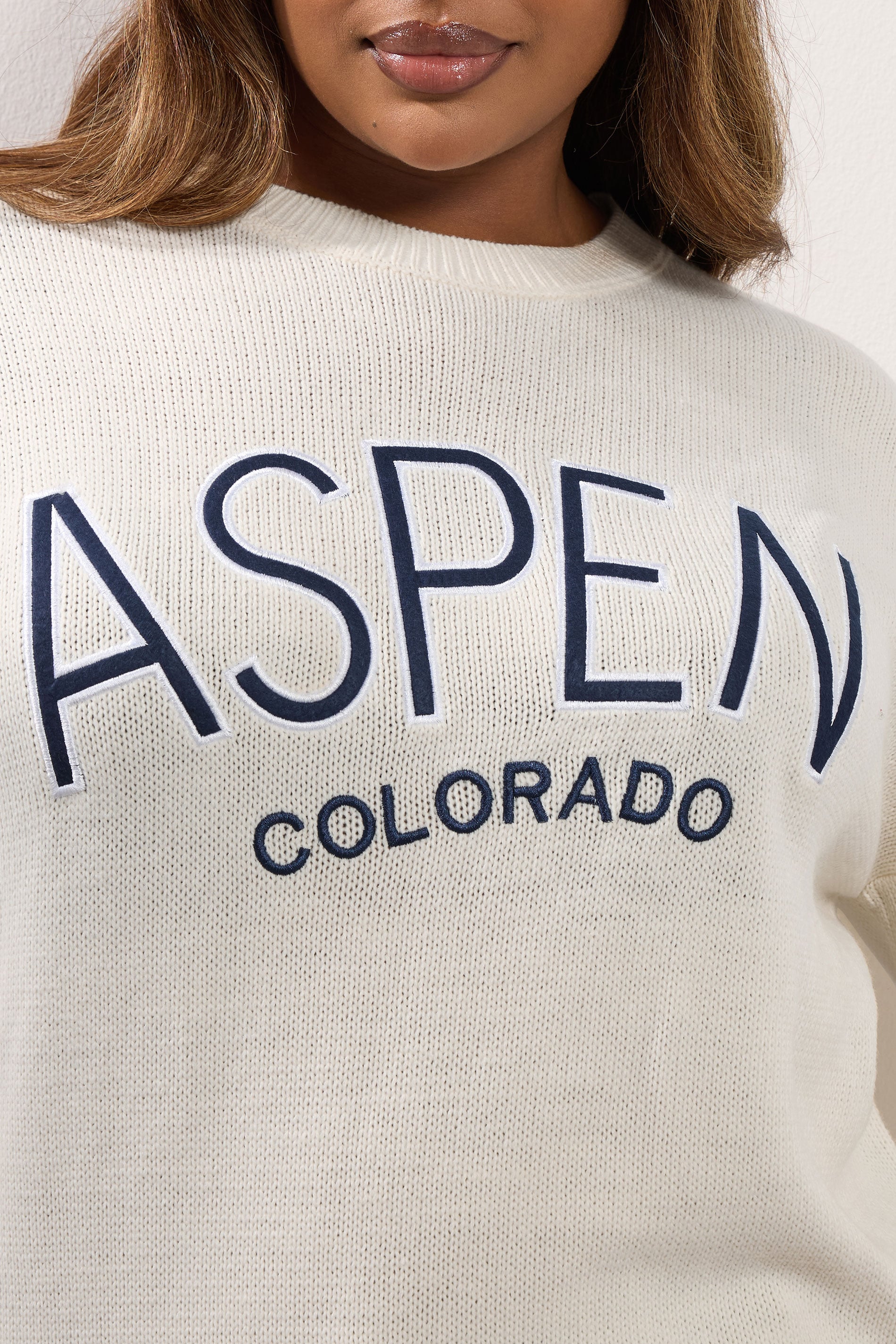  YOURS Curve Pull Tricoté Blanc Ivoire Avec Slogan « Aspen »