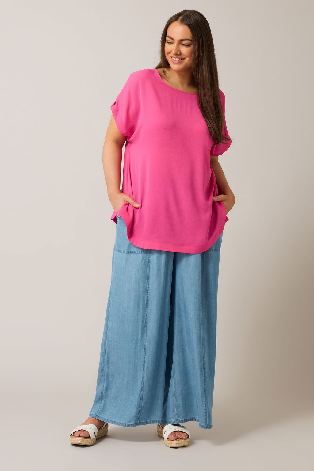  EVANS Curve Pink Button Sleeve Blouse