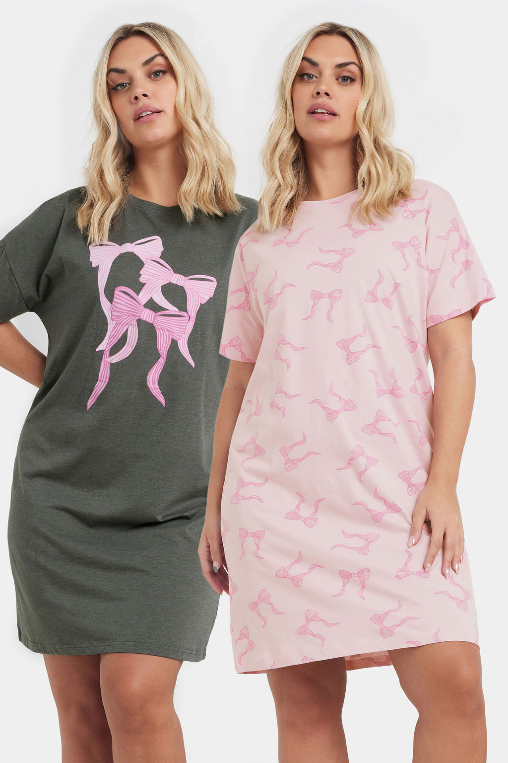  YOURS - Lot De 2 Chemises De Nuit Grise & Rose à Noeuds