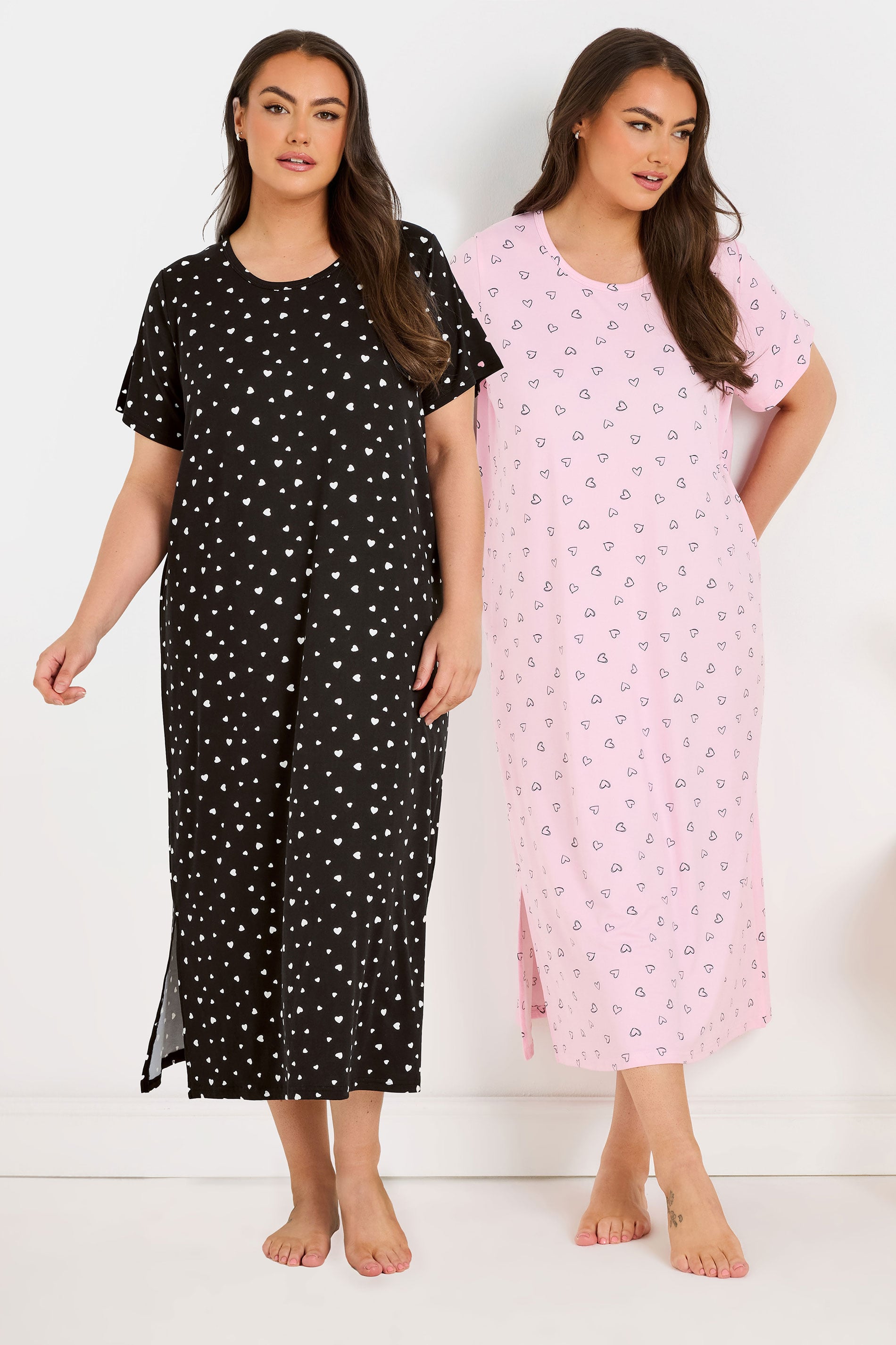  YOURS - Lot De 2 Chemises De Nuit Noire & Rose Coeurs