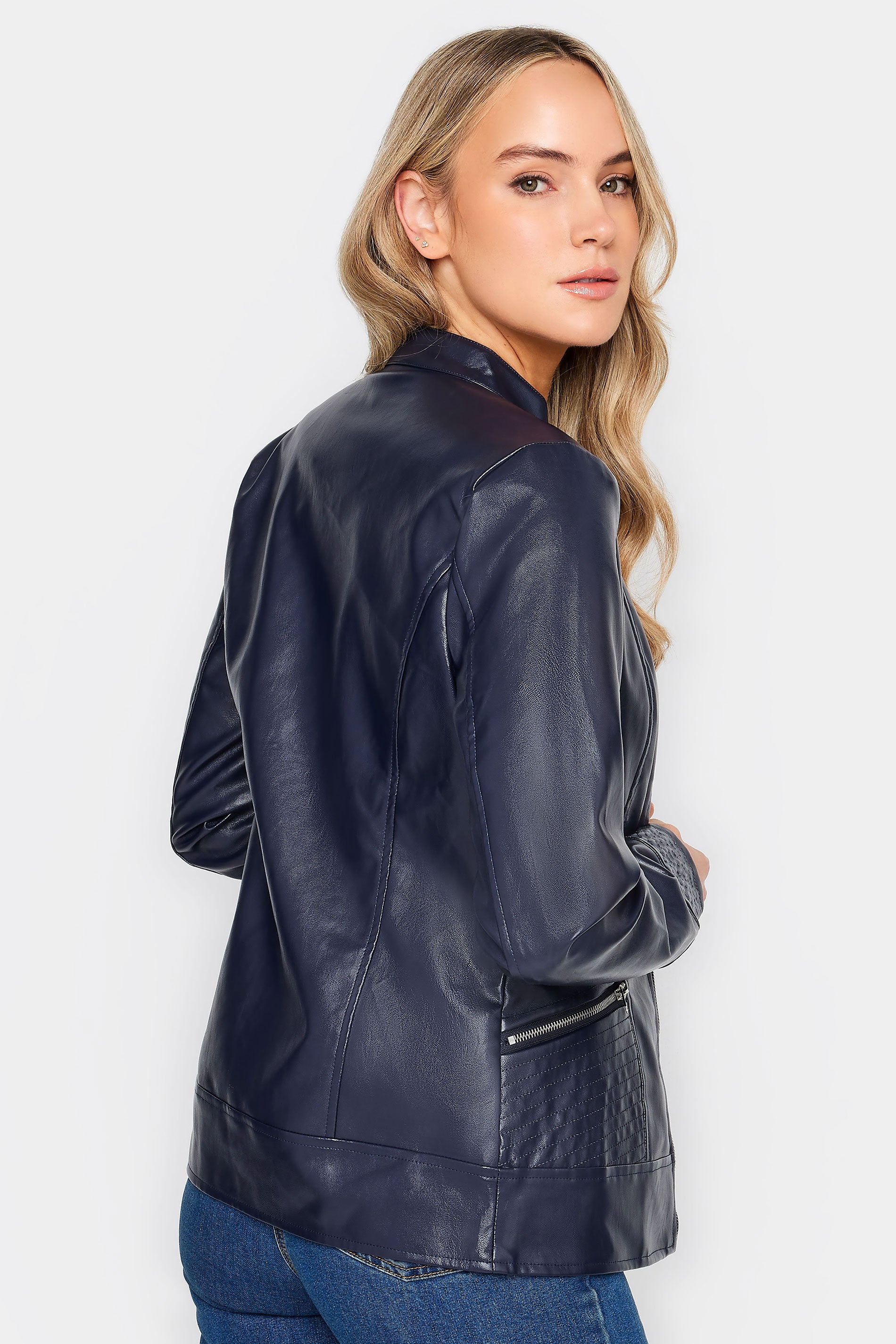  LTS Tall Navy Blue Faux Leather Funnel Neck Jacket