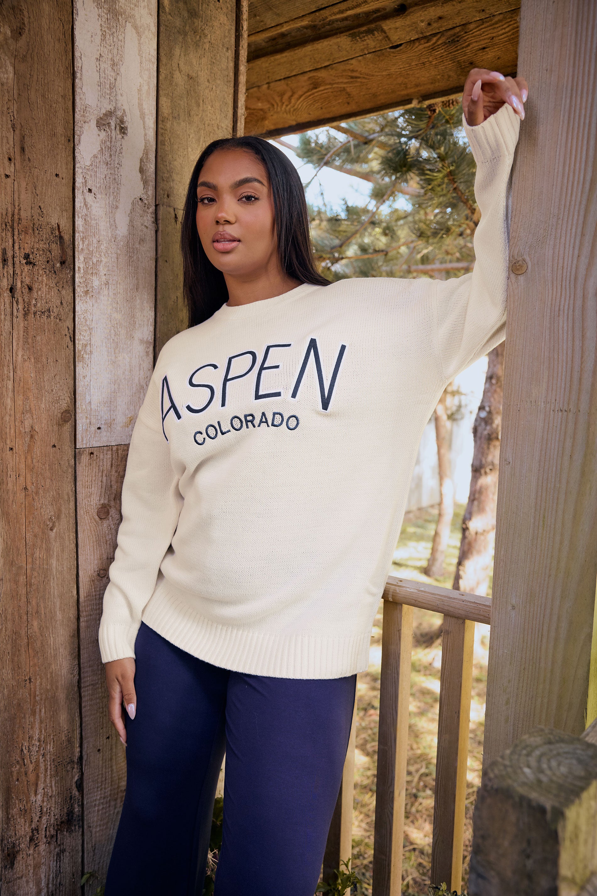  YOURS Curve Pull Tricoté Blanc Ivoire Avec Slogan « Aspen »