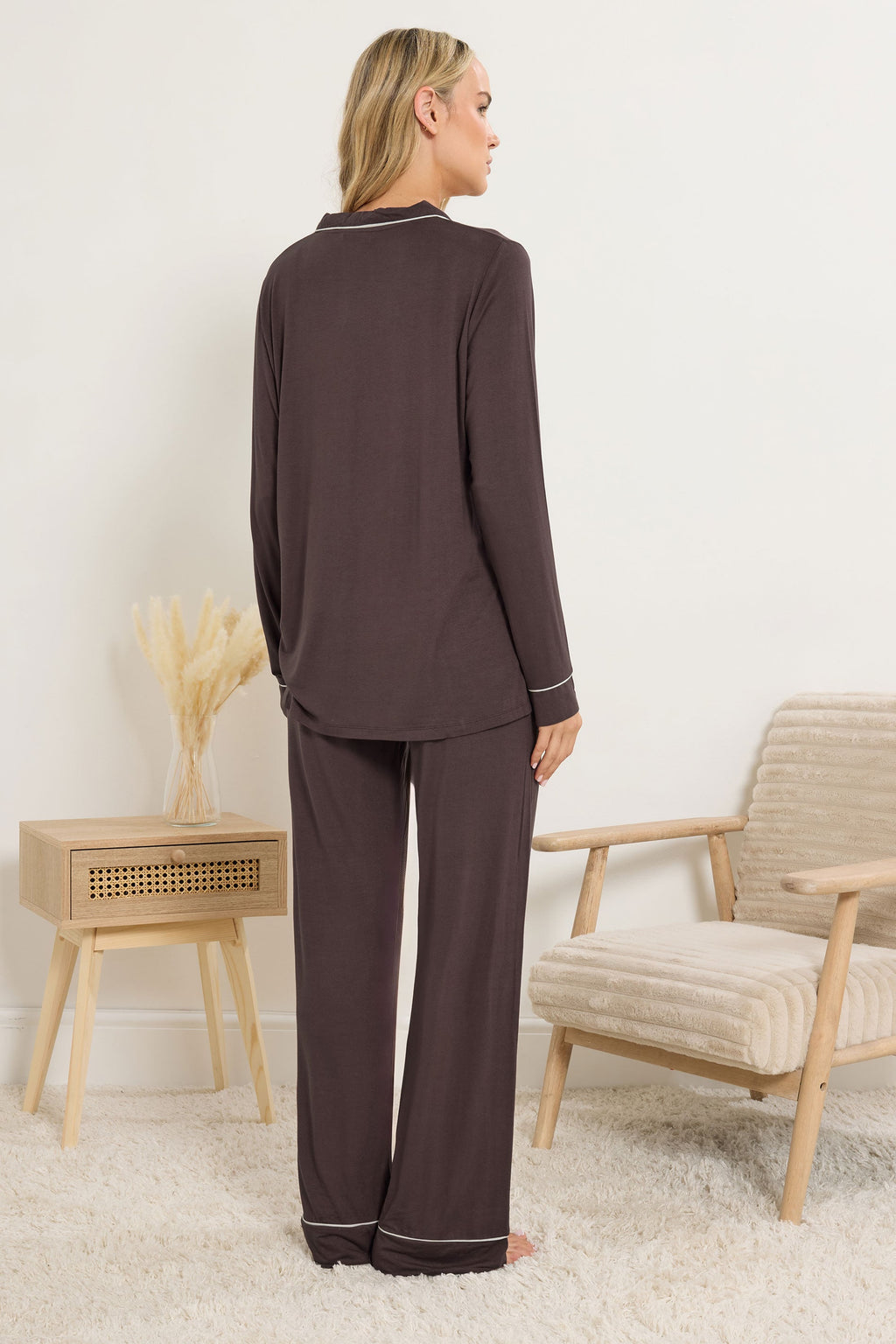  LTS Tall Chocolate Brown Piped Jersey Pyjama Set