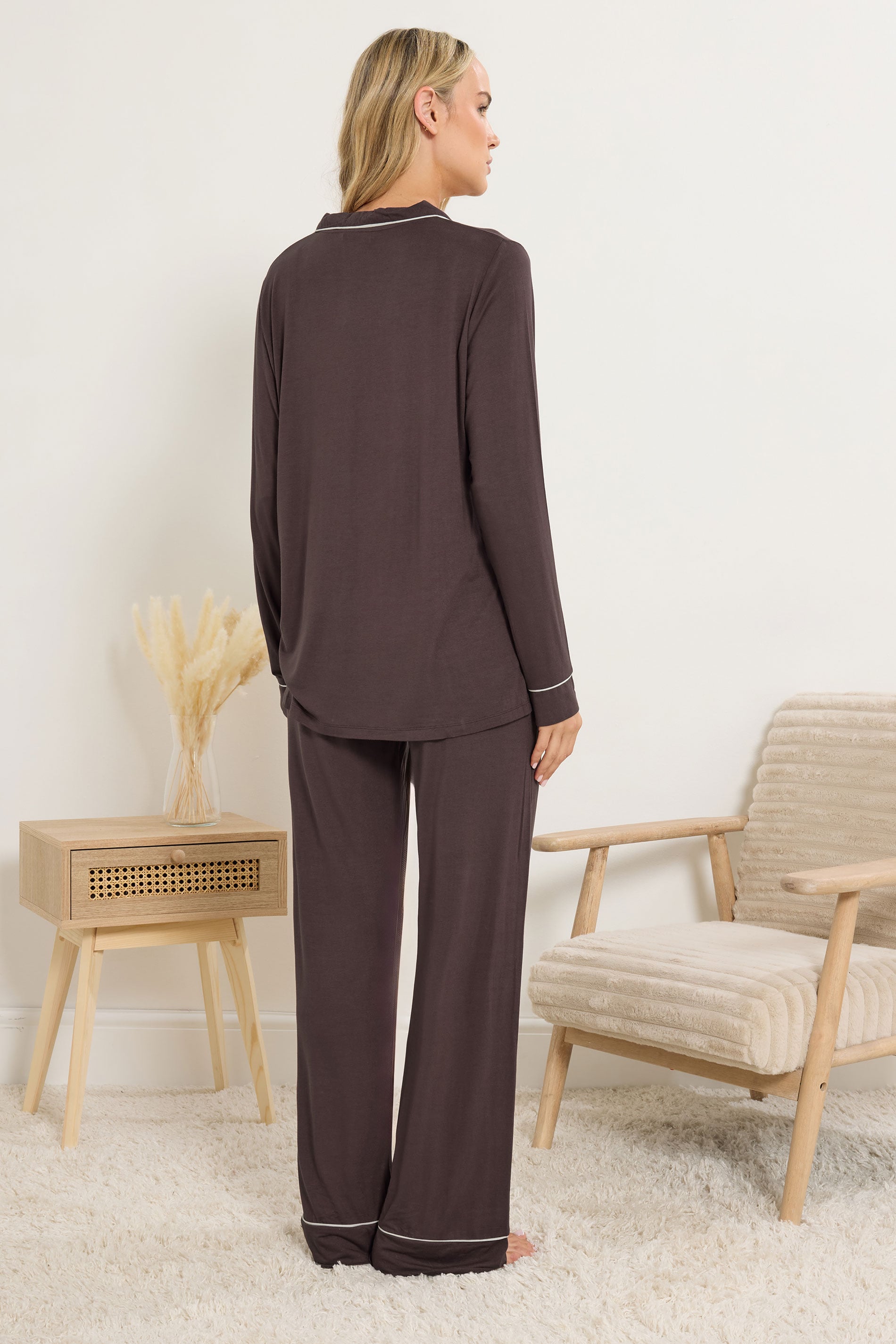  LTS Tall Chocolate Brown Piped Jersey Pyjama Set