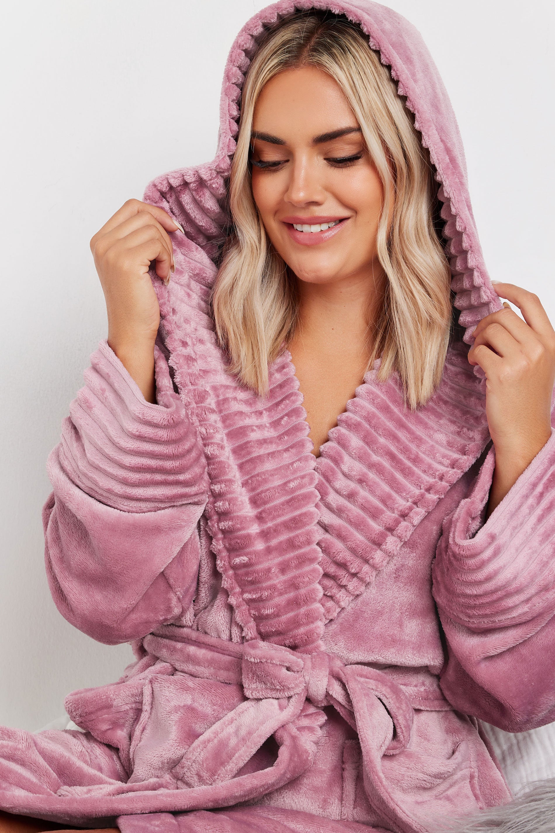 YOURS - Robe De Chambre Rose Gauffrée Nervurée à Capuche