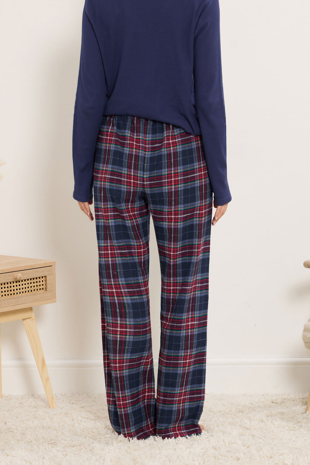  LTS Tall Navy Blue & Red Cotton Check Pyjama Bottoms