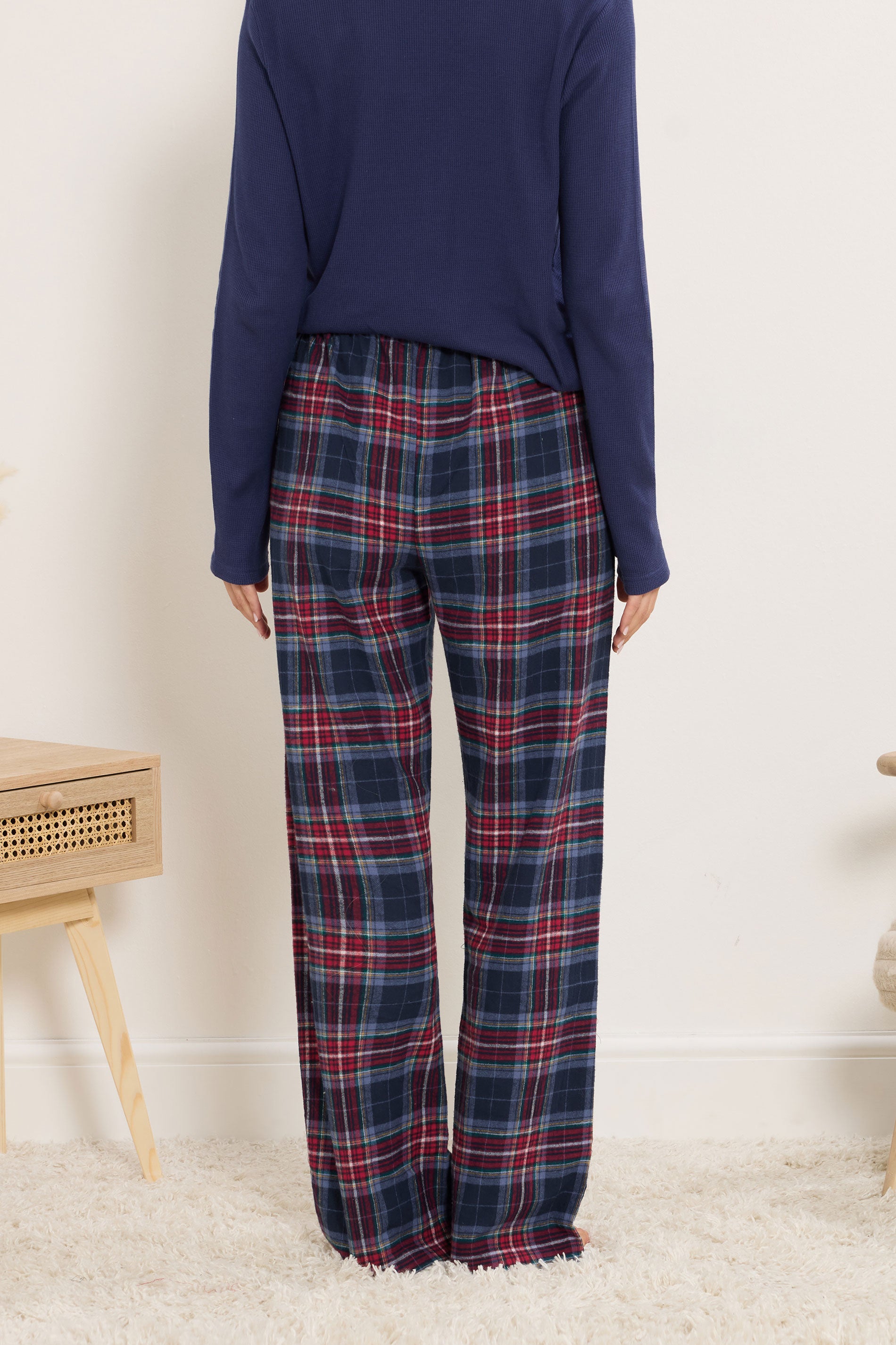  LTS Tall Navy Blue & Red Cotton Check Pyjama Bottoms