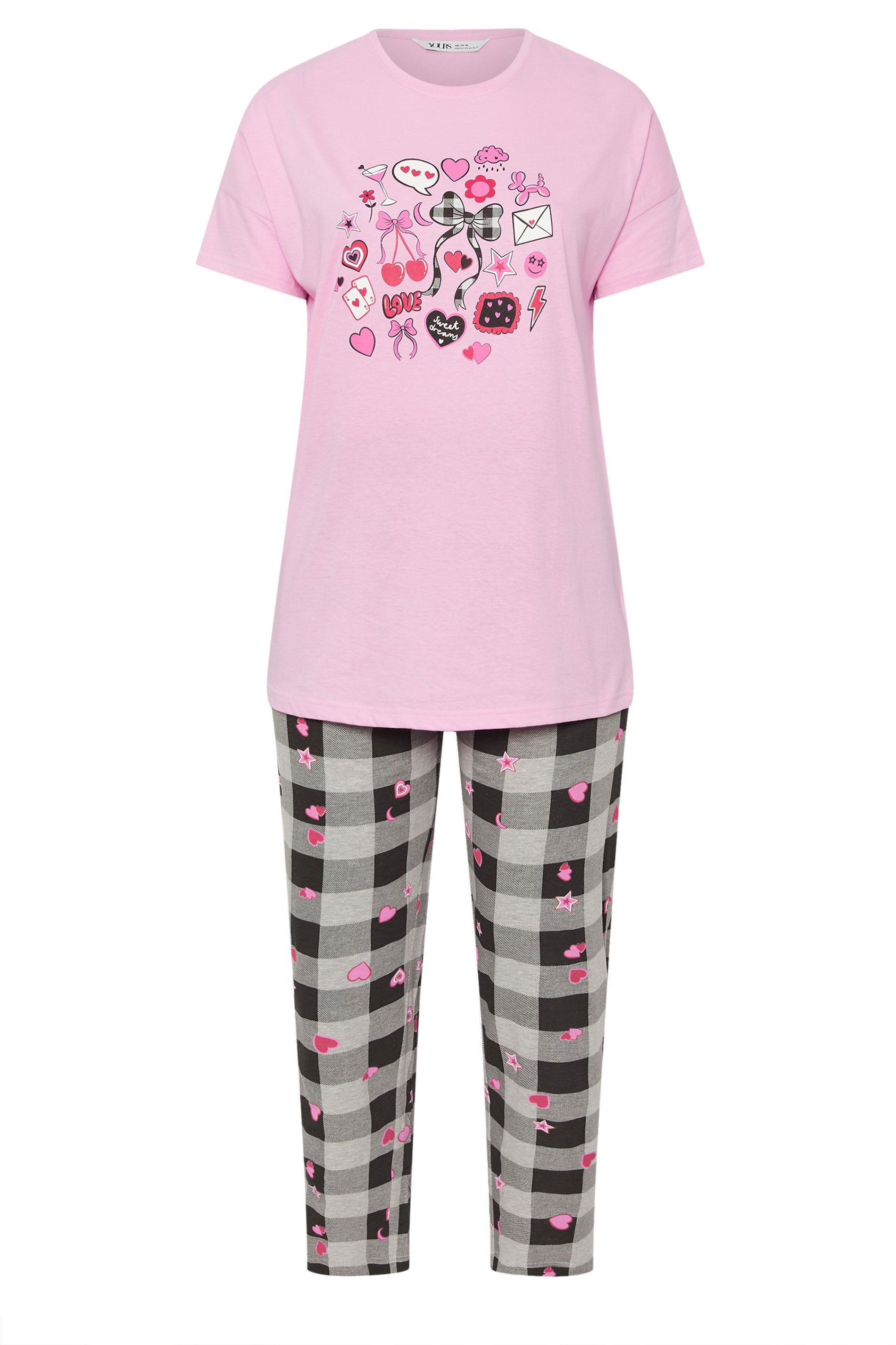  YOURS Curve Ensemble De Pyjama à Jambes Larges Rose à Carreaux Vichy Et Nœud