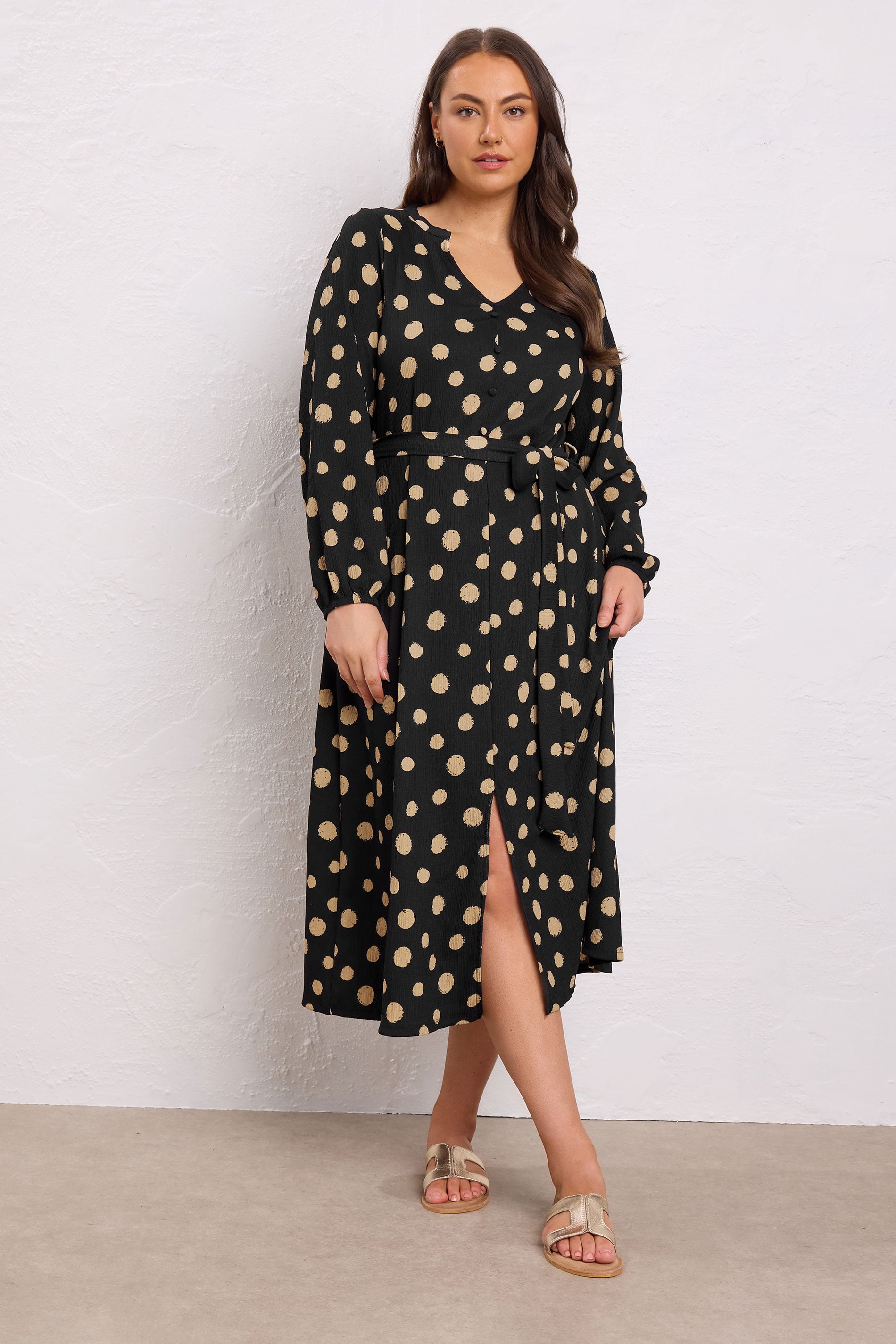  EVANS Curve Black Spot Print Split Front Dress