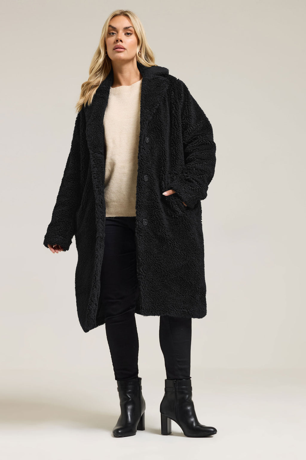  YOURS Curve Manteau Mi-long Noir En Imitation Peau De Mouton