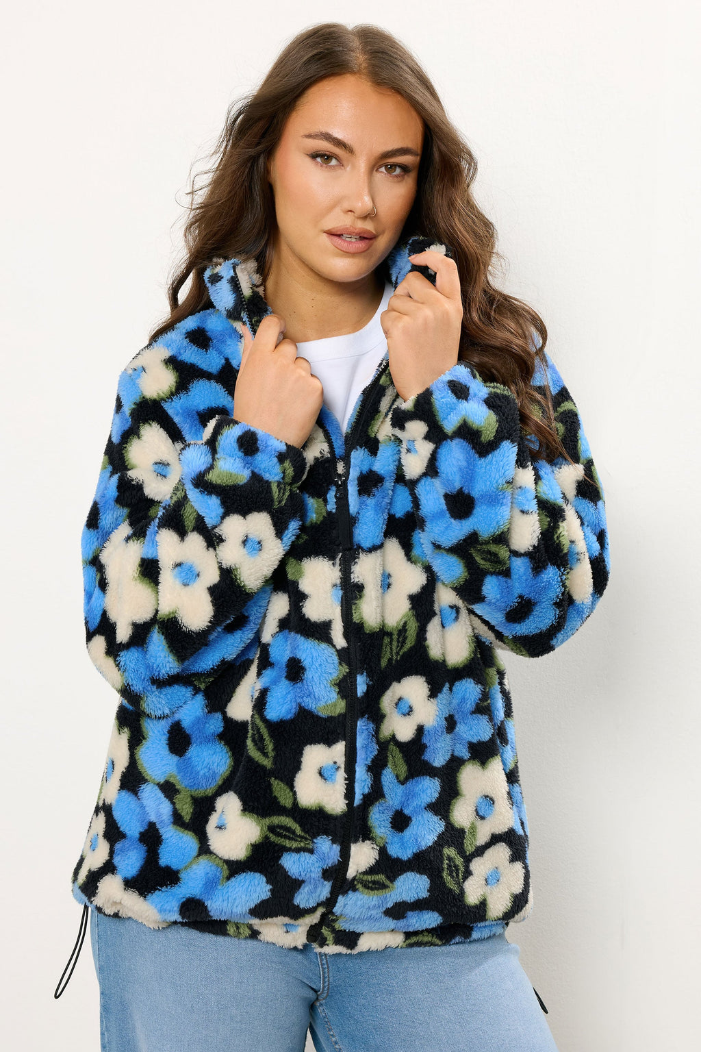  YOURS Curve Veste Polaire à Fleurs Noire Et Bleue