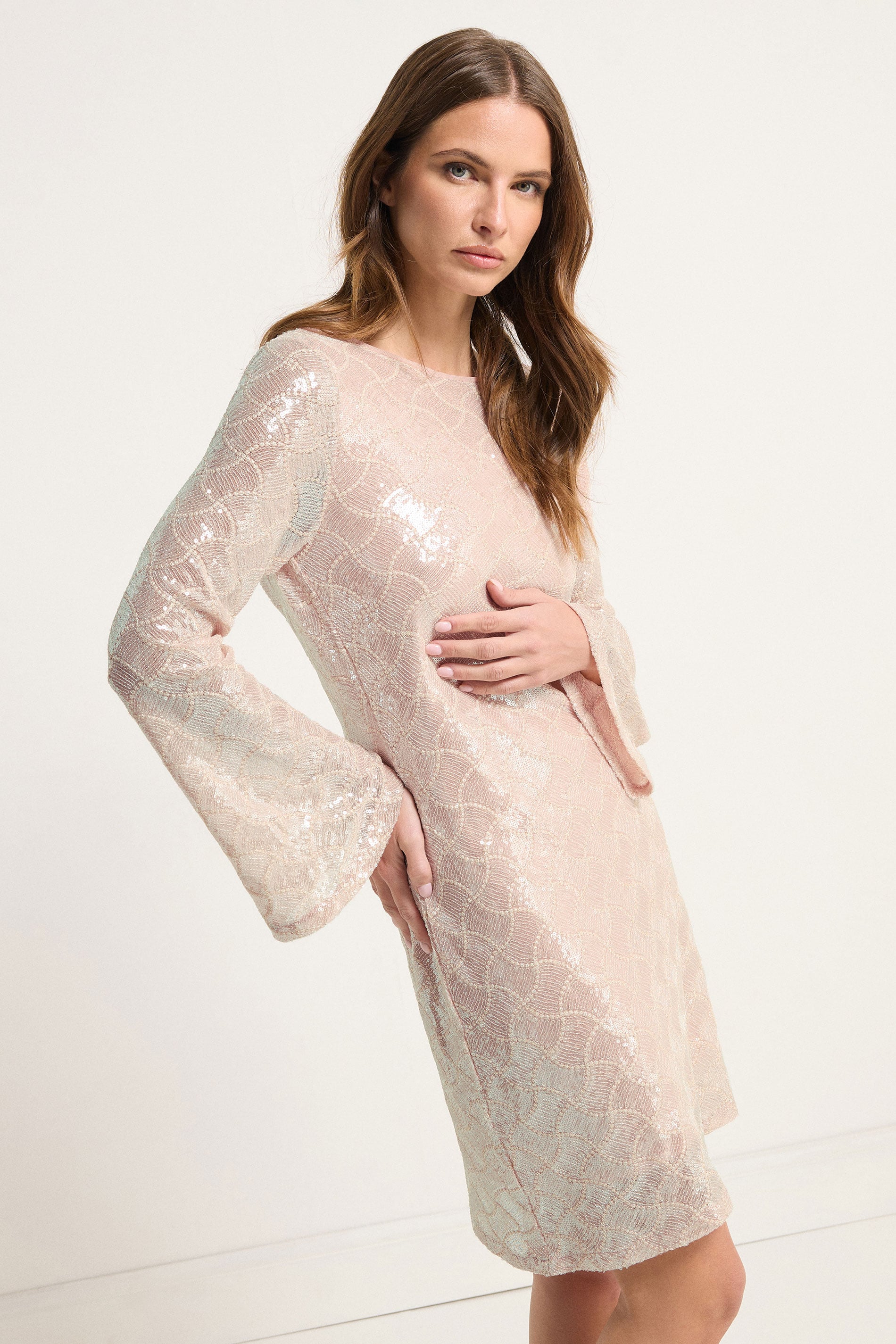  STAR Light Pink Sequin Cowl Back Mini Dress