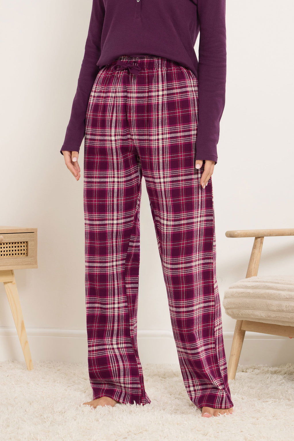  LTS Tall Burgundy Red Cotton Check Pyjama Bottoms