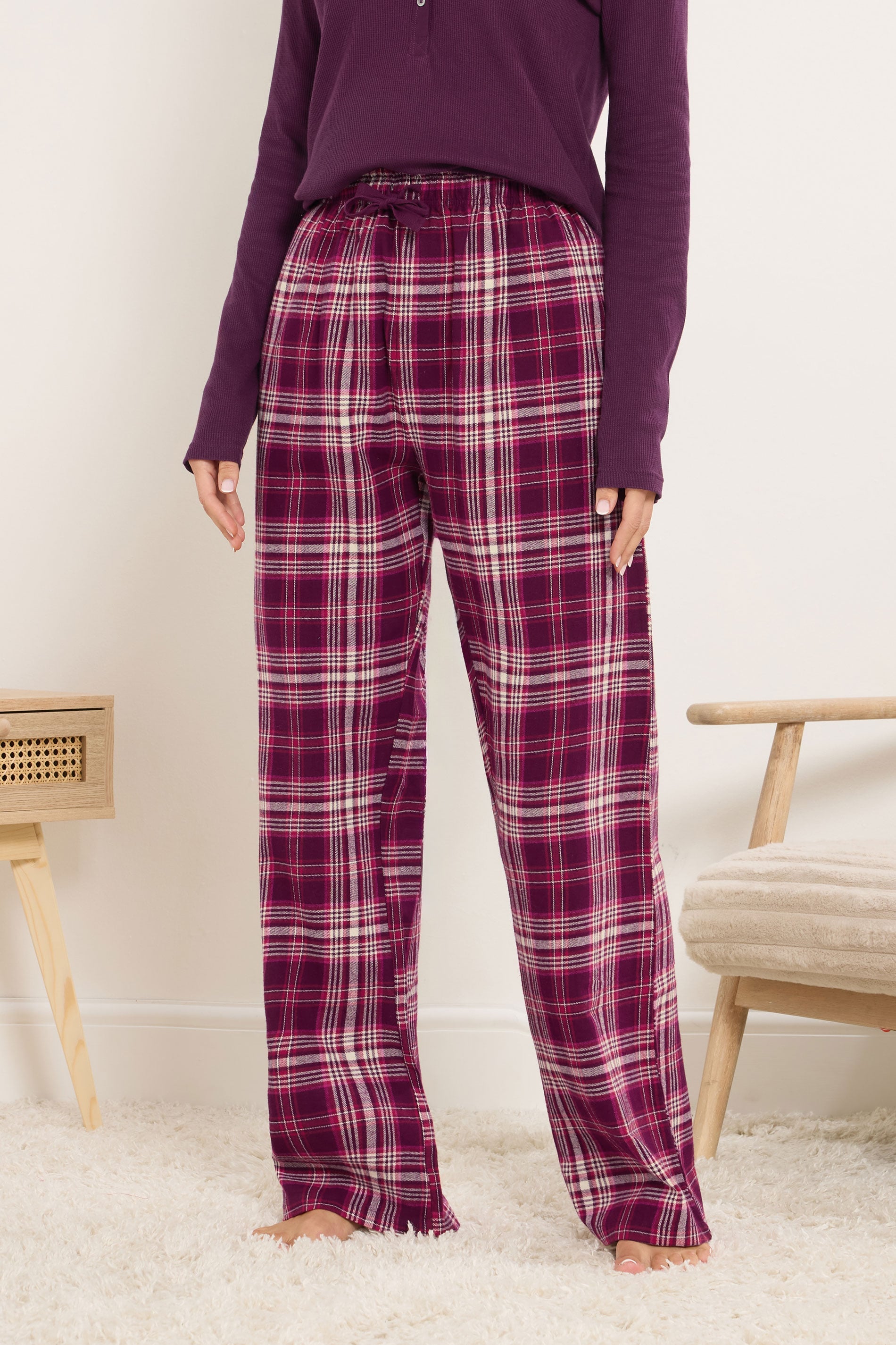  LTS Tall Burgundy Red Cotton Check Pyjama Bottoms