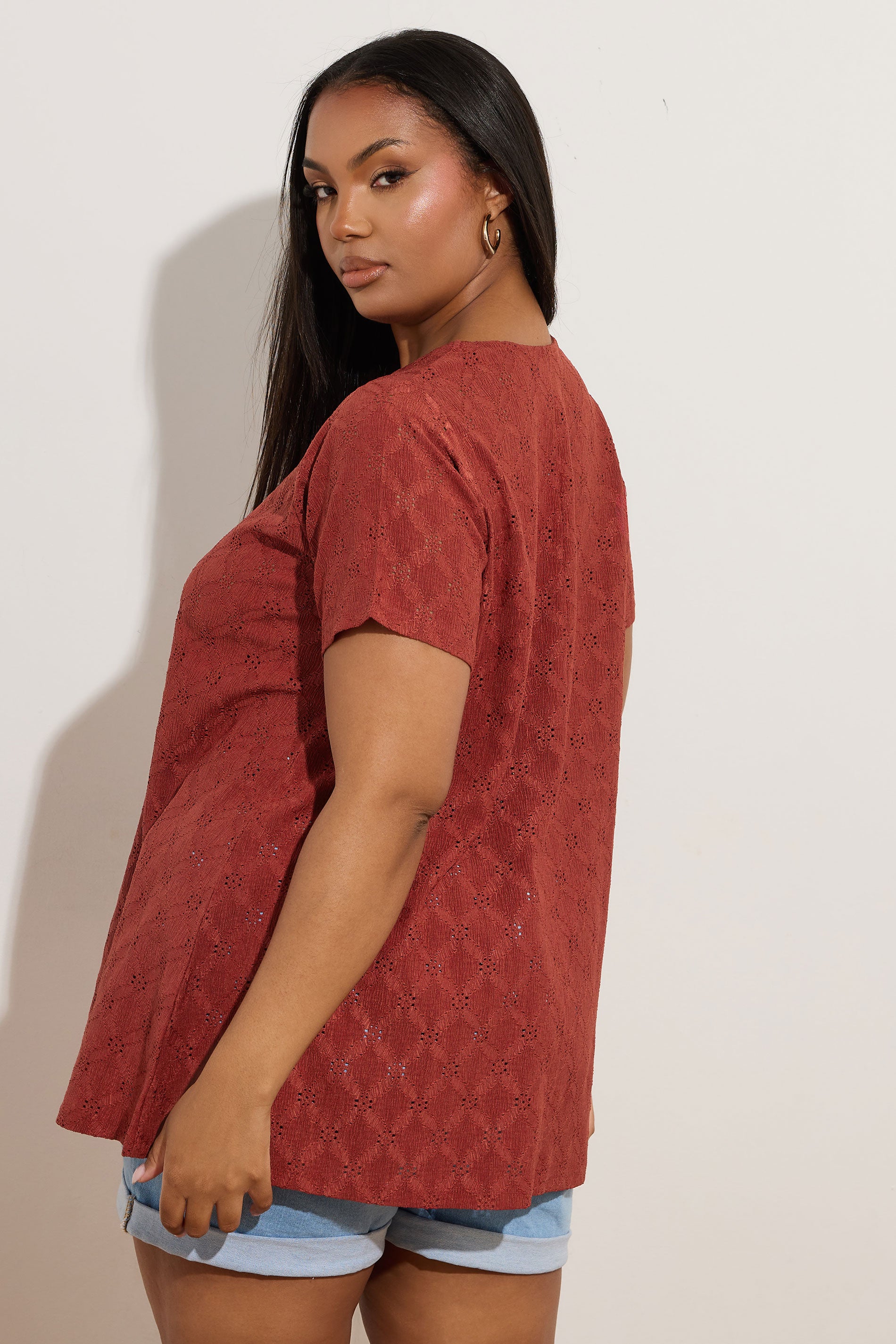  YOURS - T-Shirt Rouille Texturé Broderie Anglaise