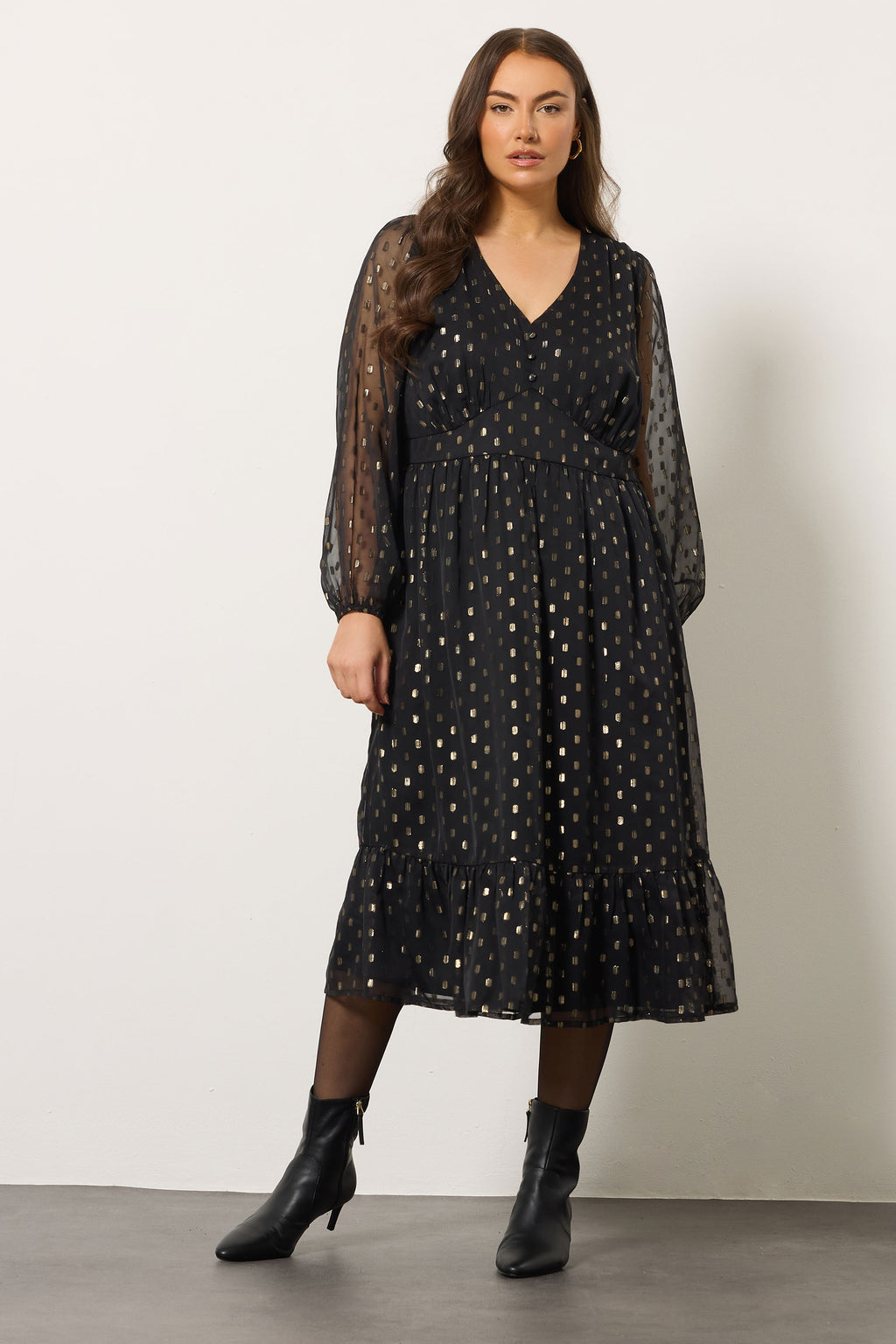  EVANS Curve Black Foil Spot Half Placket Dress