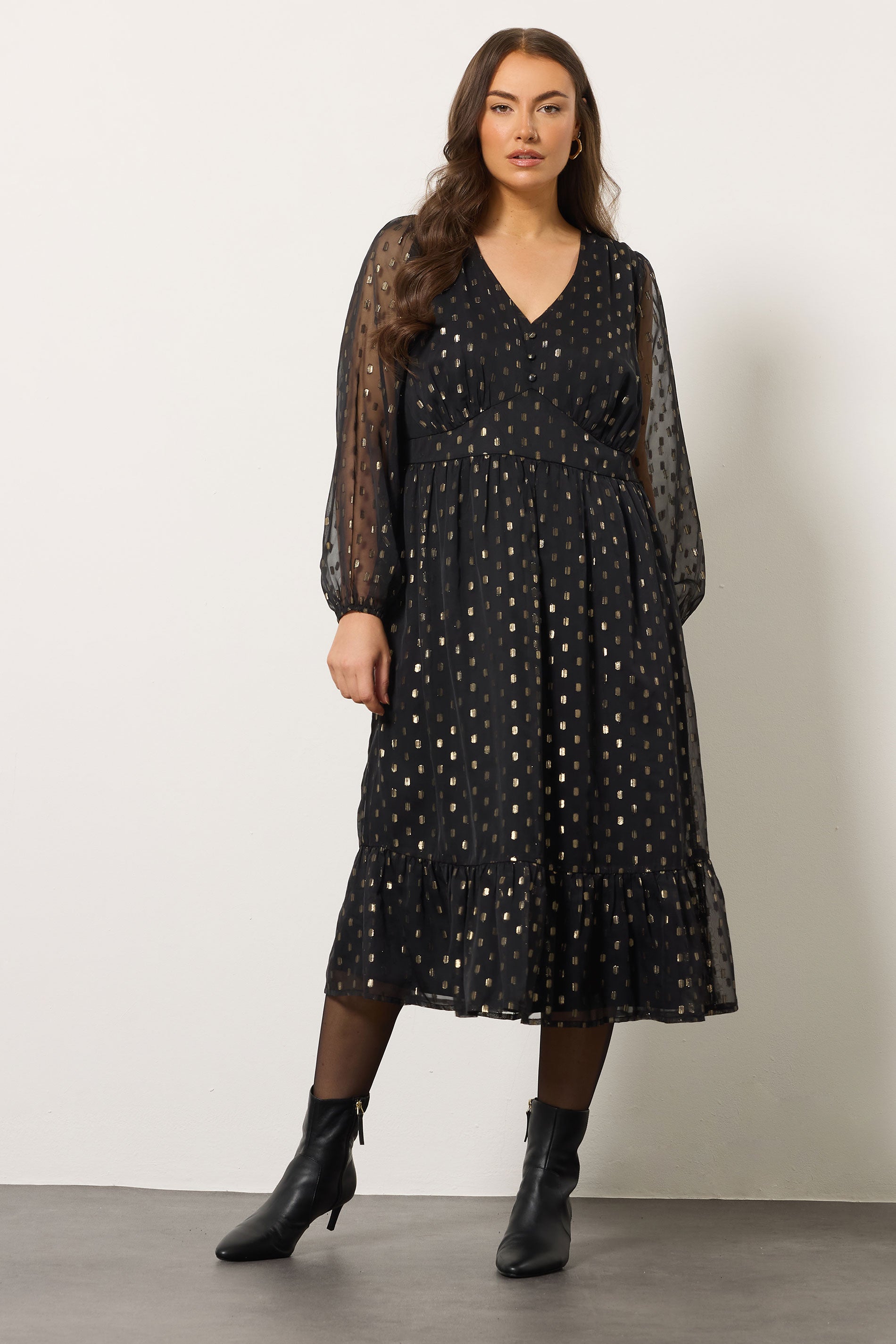  EVANS Curve Black Foil Spot Half Placket Dress
