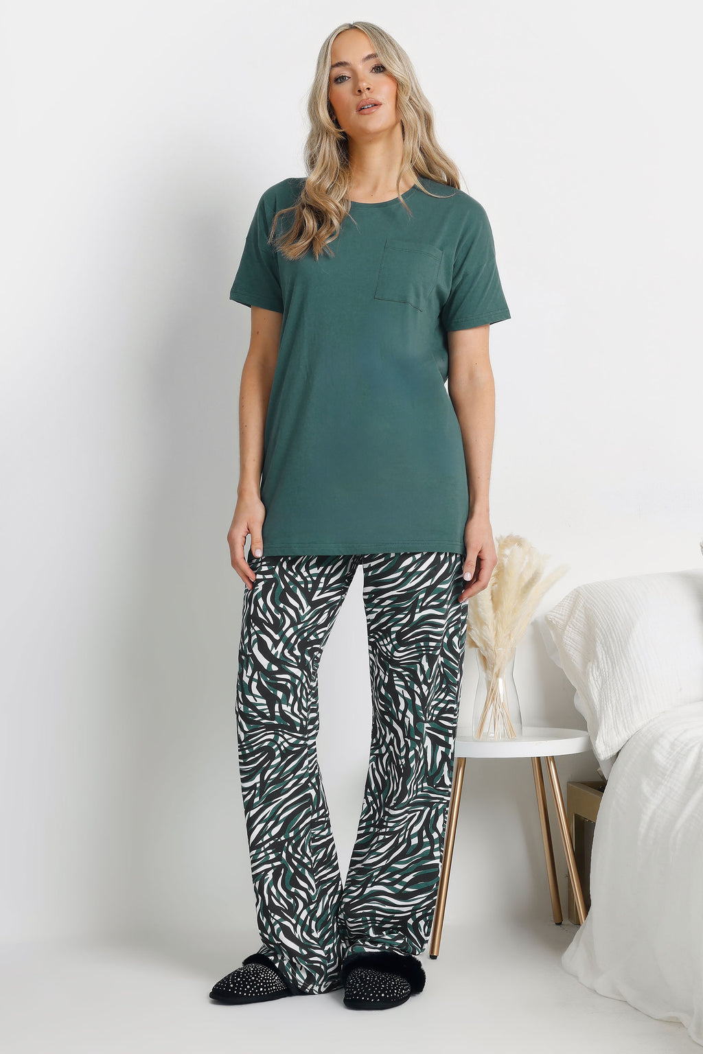  LTS Tall Green Cotton Zebra Wide Leg Pyjama Set