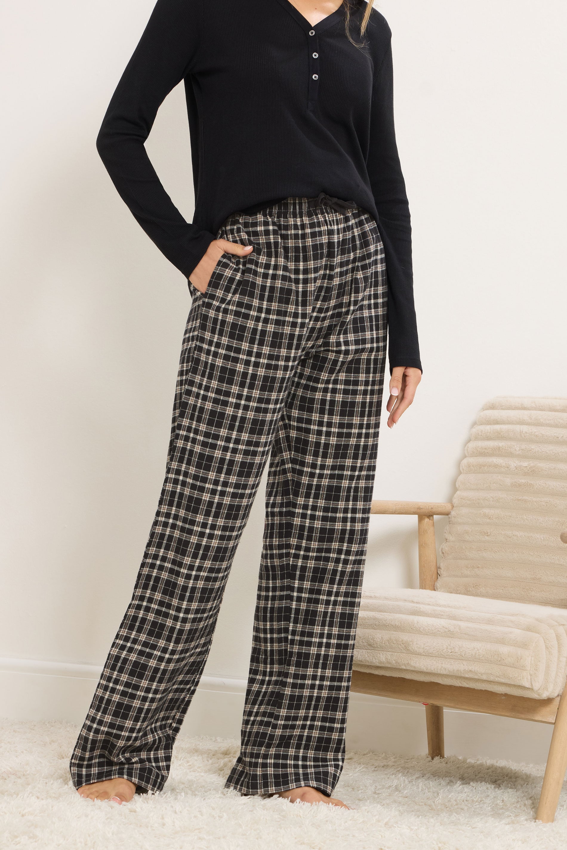  LTS Tall Black Cotton Check Pyjama Bottoms