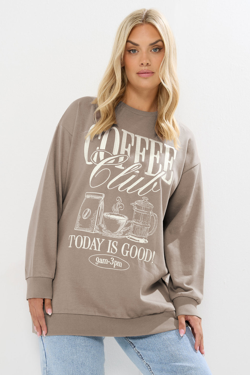  YOURS Curve Sweat-shirt Brodé Marron à Slogan « Coffee Club »