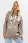  YOURS Curve Sweat-shirt Brodé Marron à Slogan « Coffee Club »