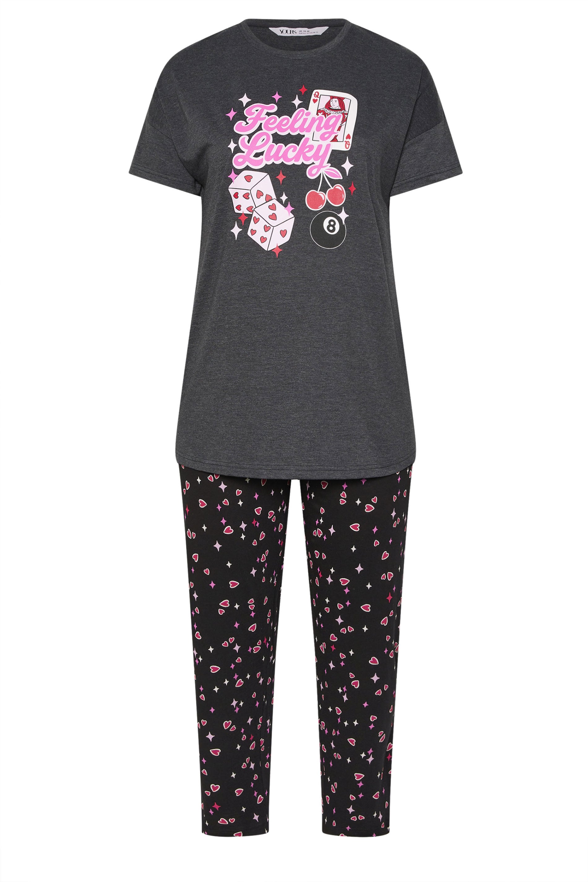  YOURS Curve Ensemble De Pyjama Gris à Jambes Larges Avec Slogan « Feeling Lucky »