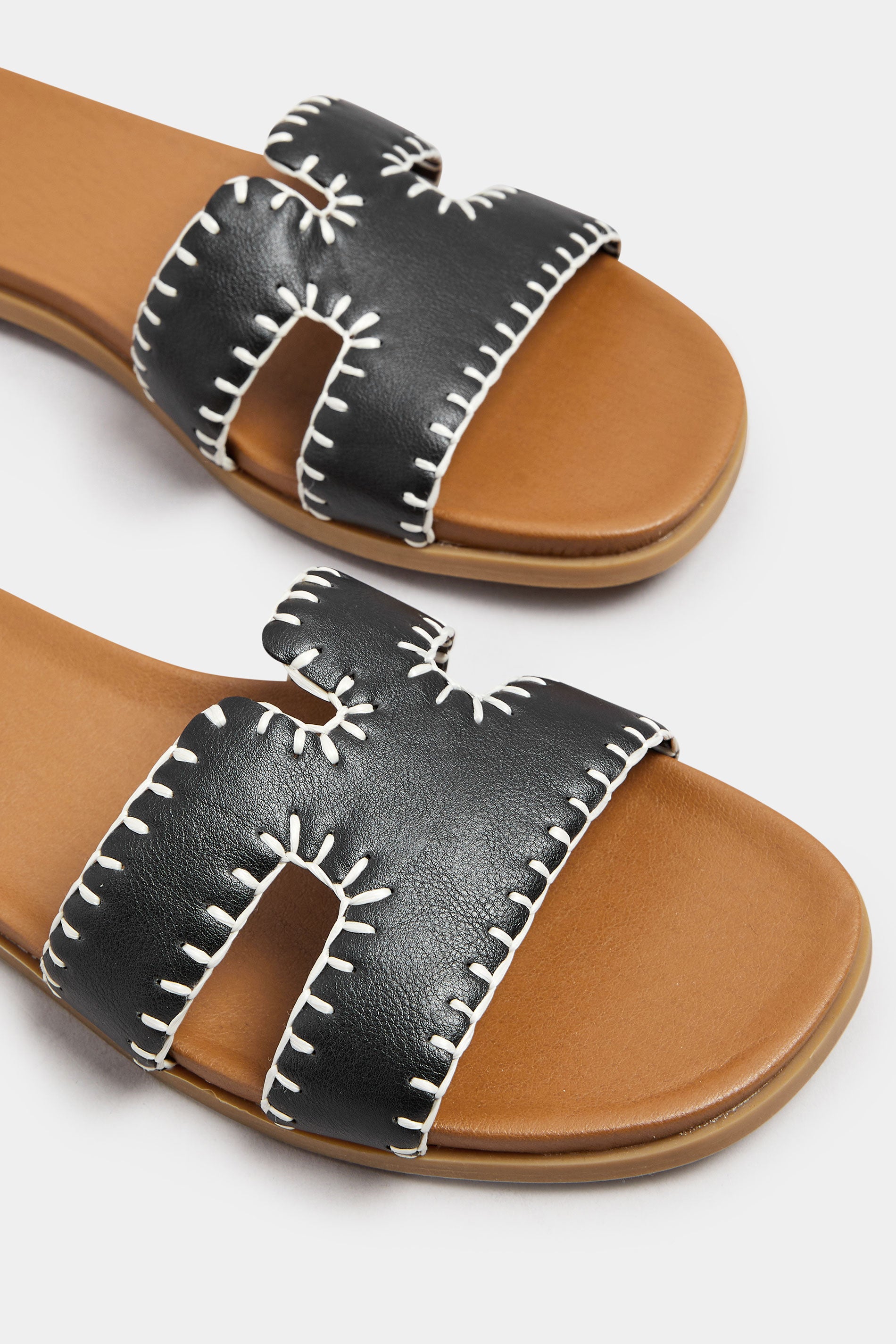  Mules Plates Noires Effet Cuir Design Couture Pieds Extra Larges EEE