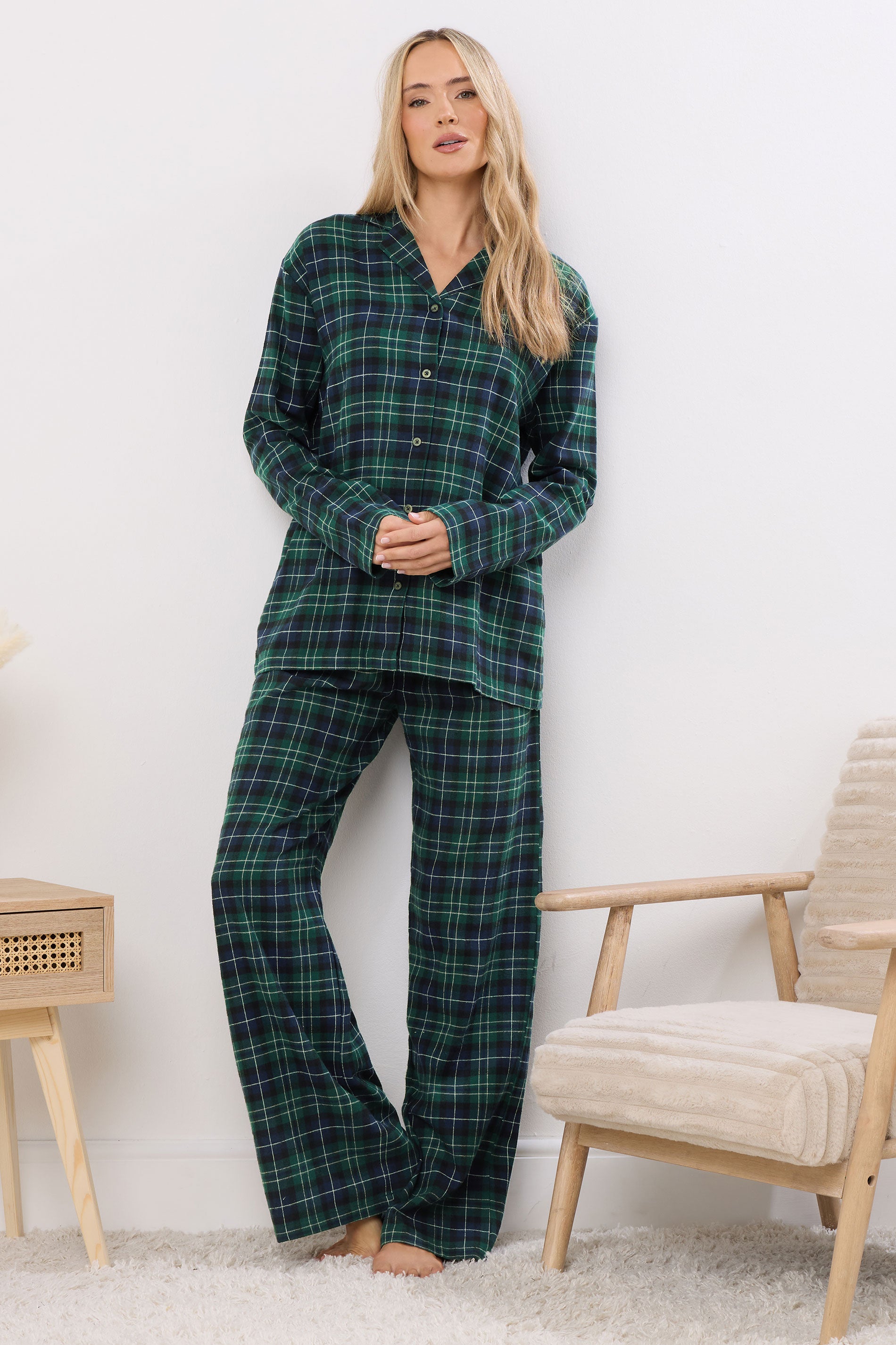  LTS Tall Navy Blue & Green Cotton Check Pyjama Set