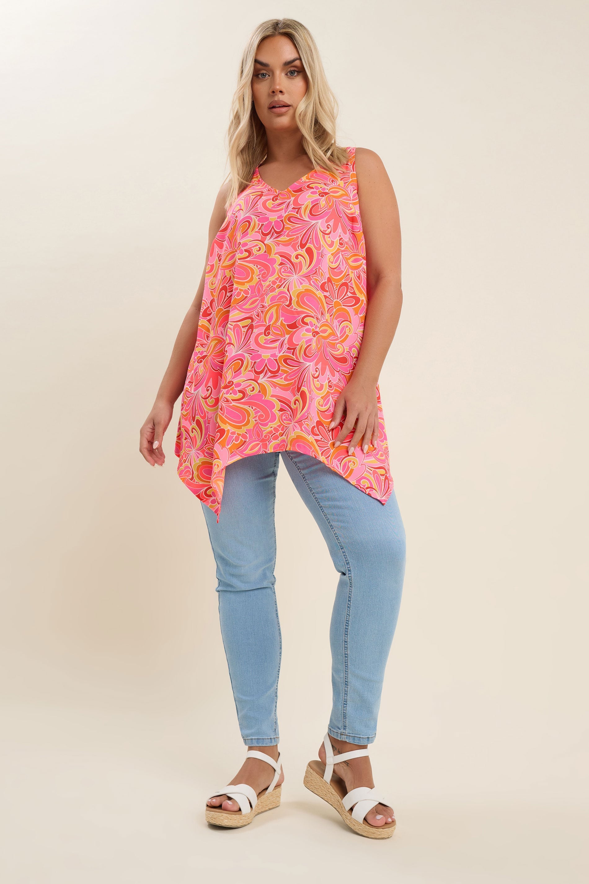  YOURS - Top Rose & Orange Tourbillons Floral Ourlet Asymétrique