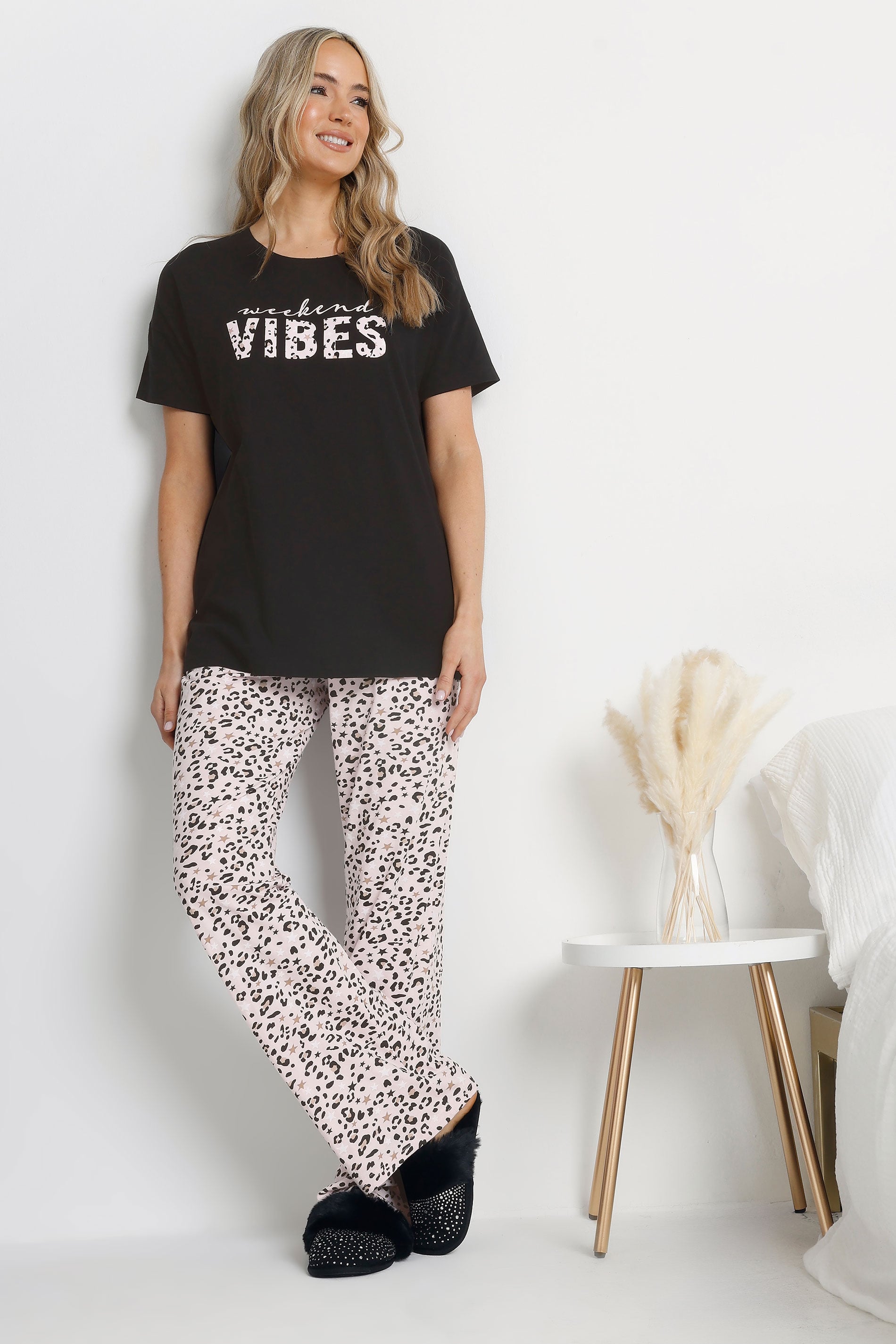  LTS Tall Black Leopard 'Weekend Vibes' Slogan Pyjama Set