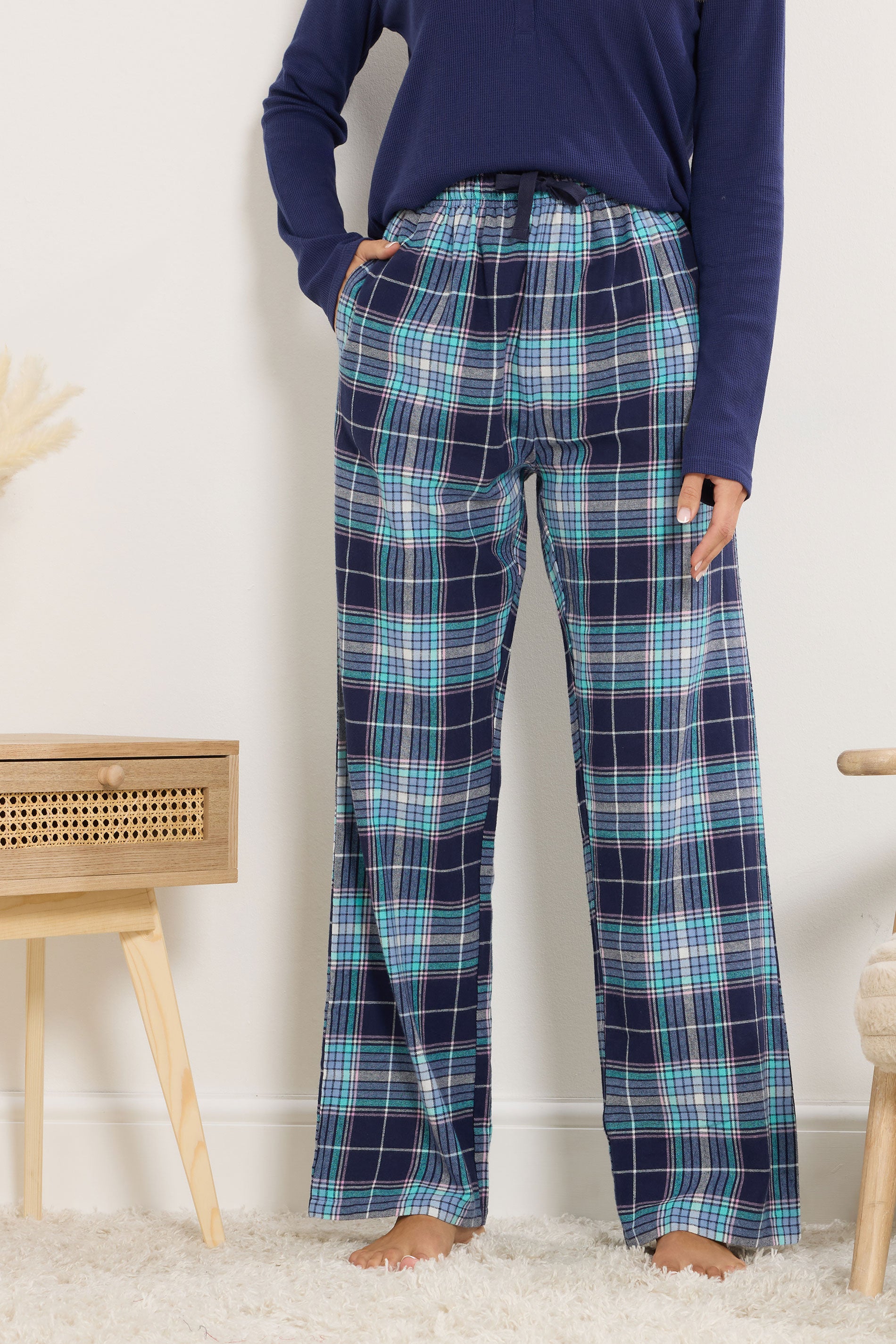  LTS Tall Blue Cotton Check Pyjama Bottoms
