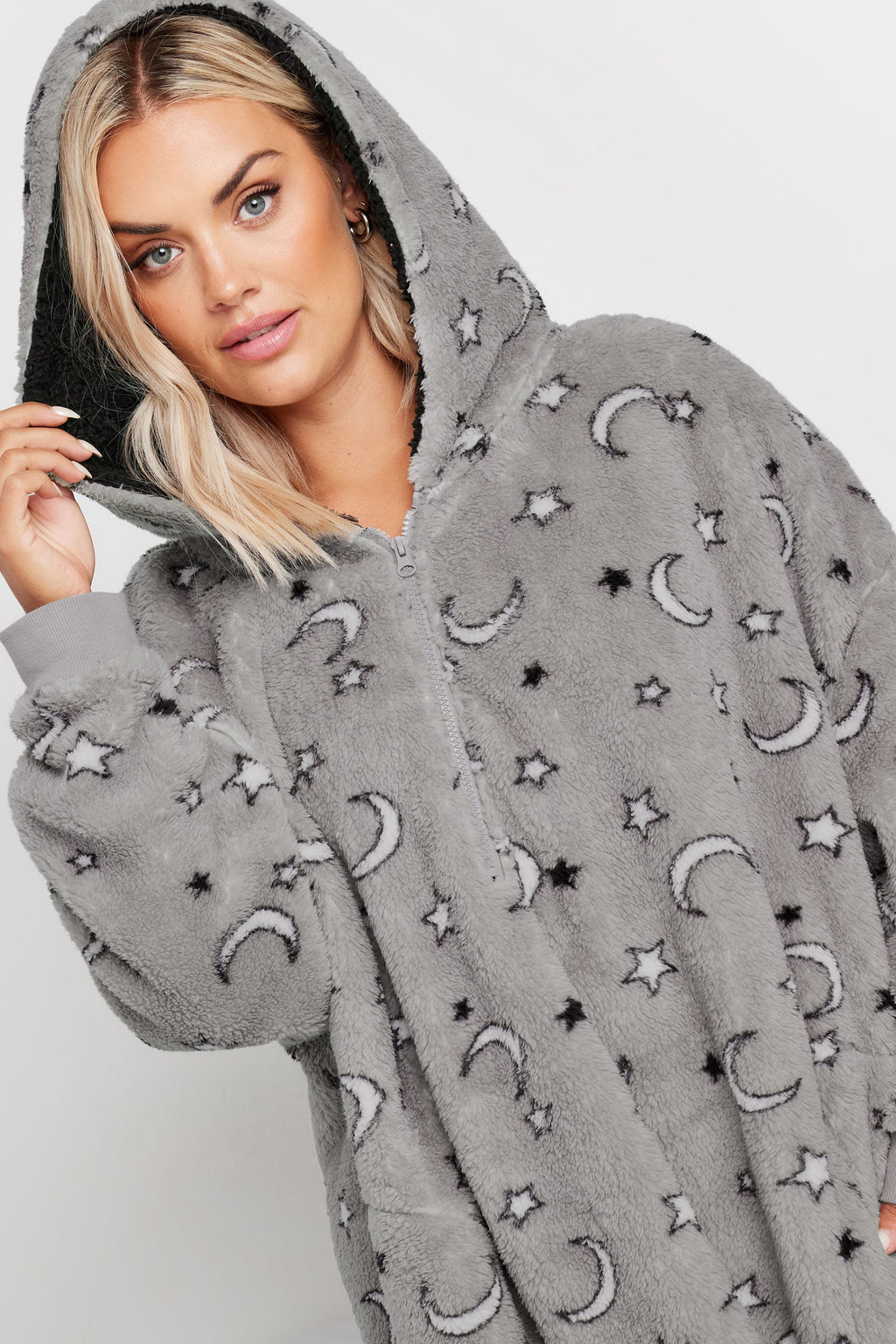  YOURS - Pull-Plaid Gris Oversize à Capuche Lunes & Étoiles