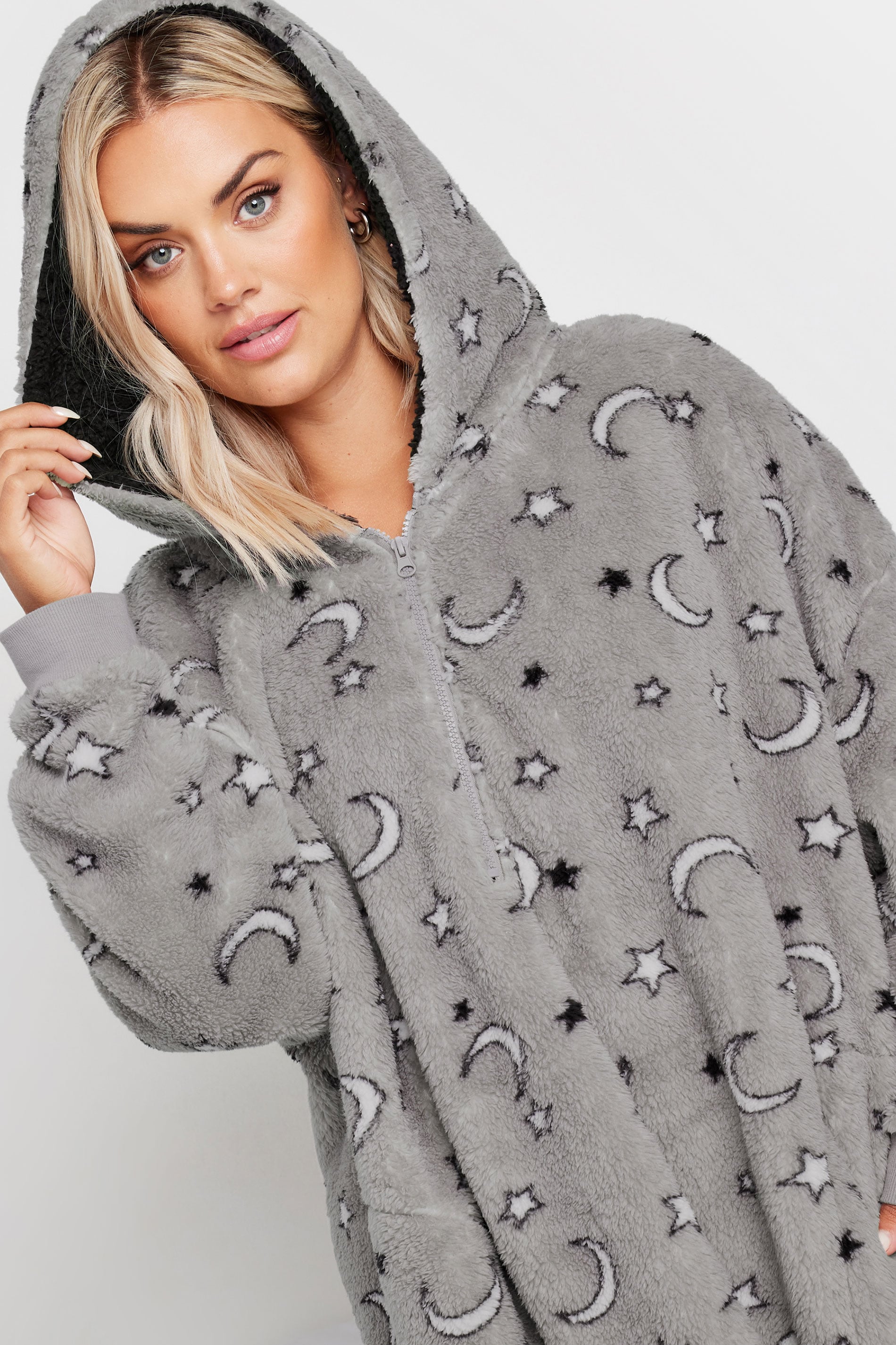 YOURS - Pull-Plaid Gris Oversize à Capuche Lunes & Étoiles
