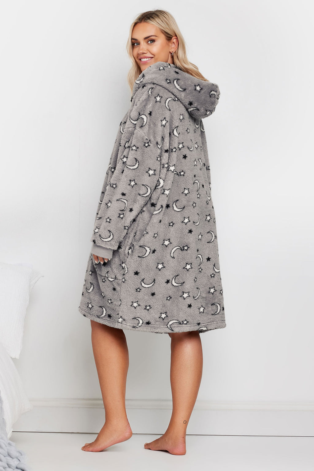  YOURS - Pull-Plaid Gris Oversize à Capuche Lunes & Étoiles