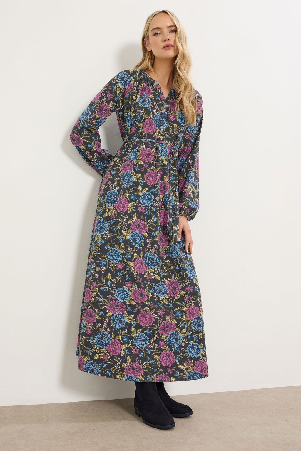  LTS Tall Black Floral Belted Maxi Dress