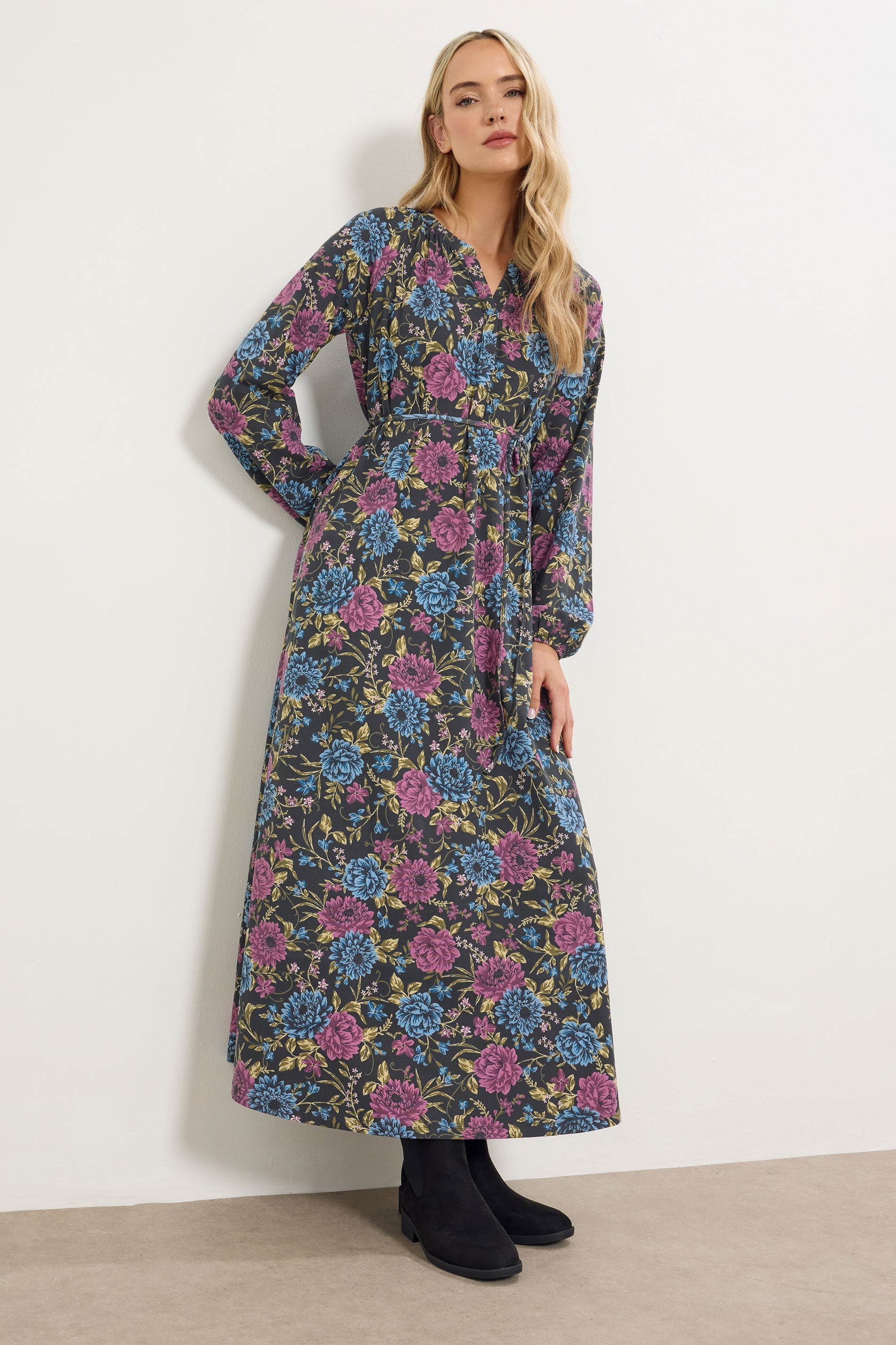  LTS Tall Black Floral Belted Maxi Dress