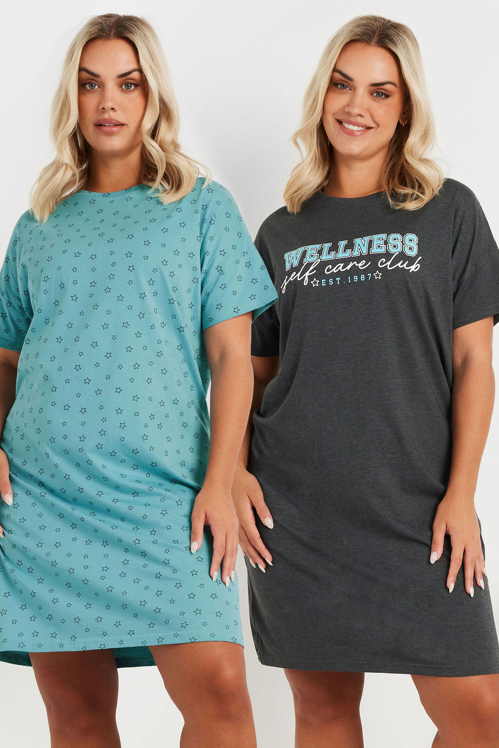  YOURS - Lot De 2 Chemises De Nuit Bleue & Grise 'Wellness' Design Étoiles