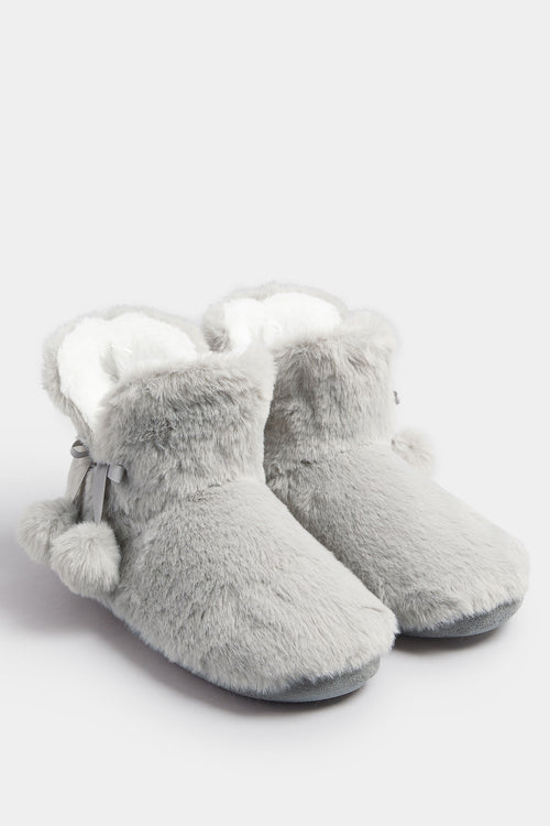  Chaussons Bottes En Fausse Fourrure à Pompons Gris