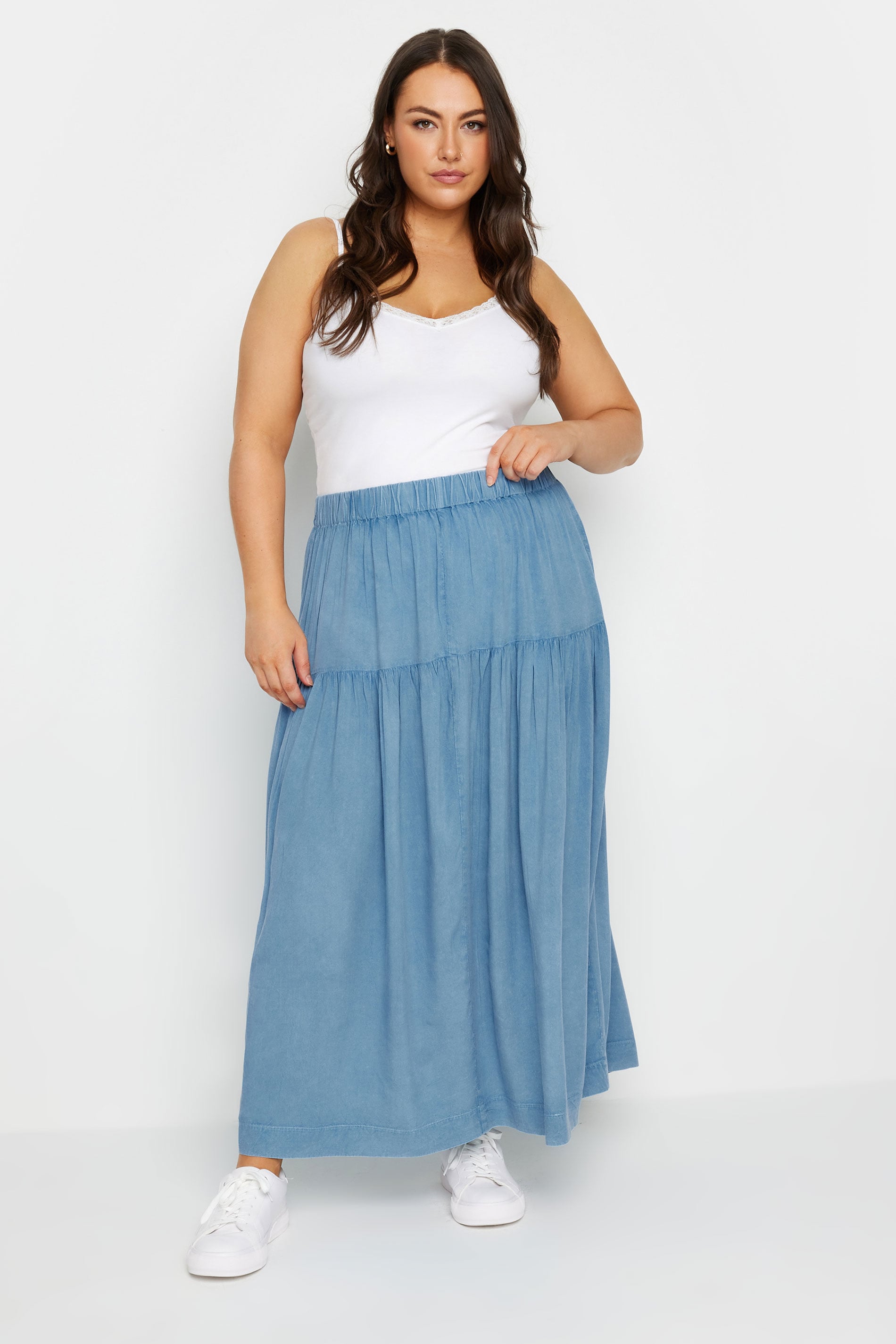  YOURS - Jupe Midi Bleue Smockée Effet Denim