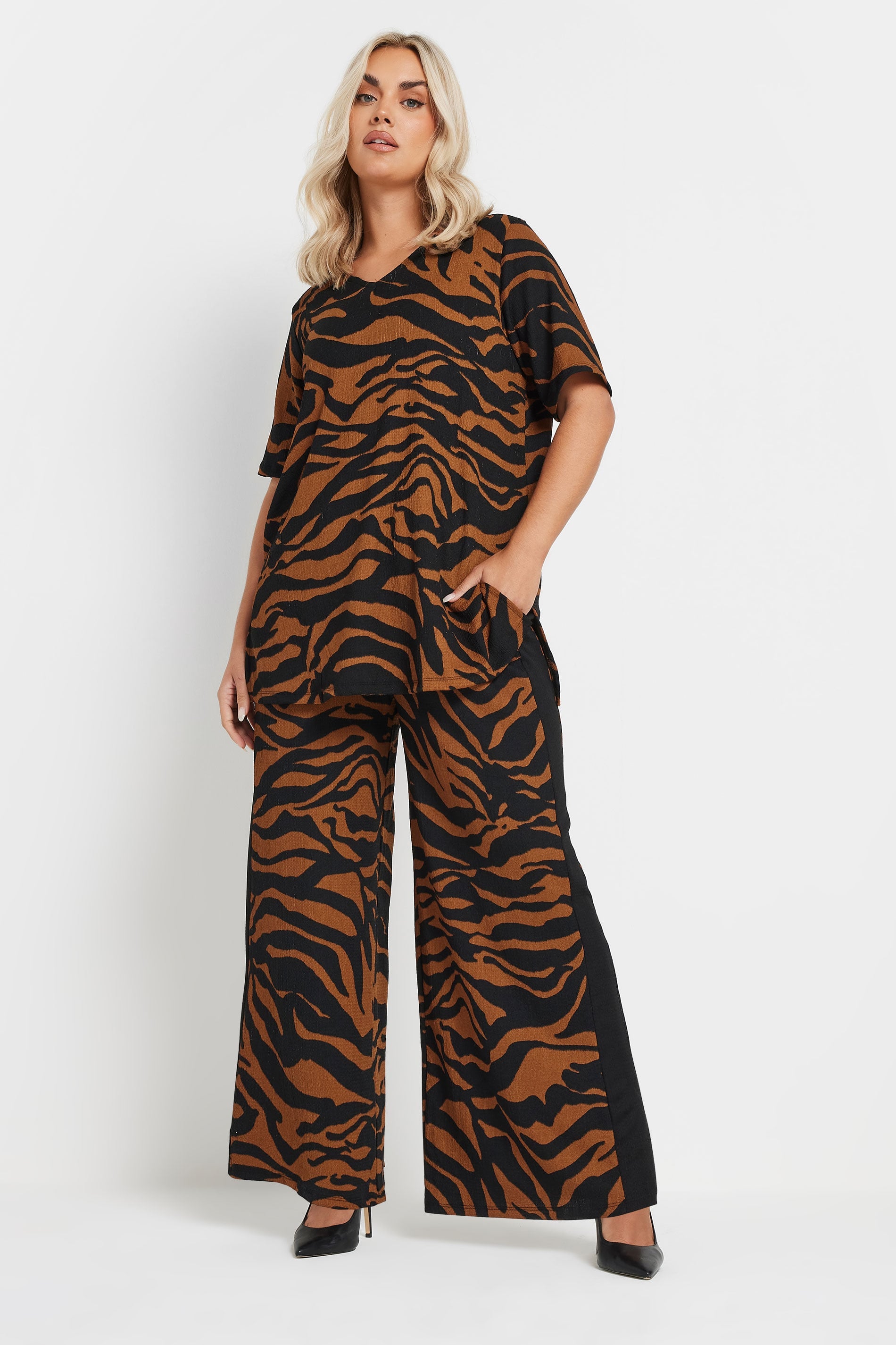  YOURS - Pantalon Wide Leg à Poches Marron & Noir Zébré