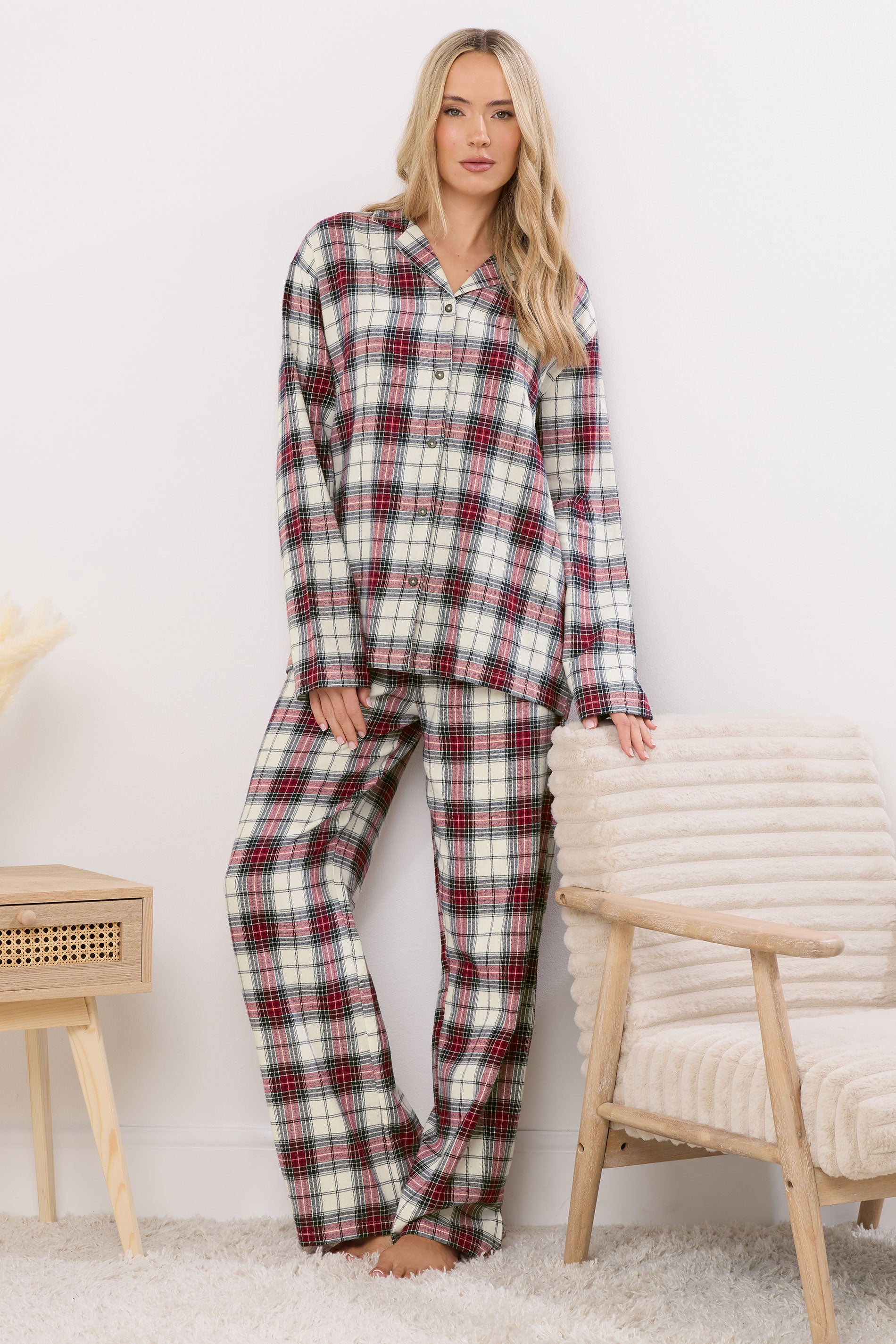  LTS Tall Ivory White & Red Cotton Check Pyjama Set