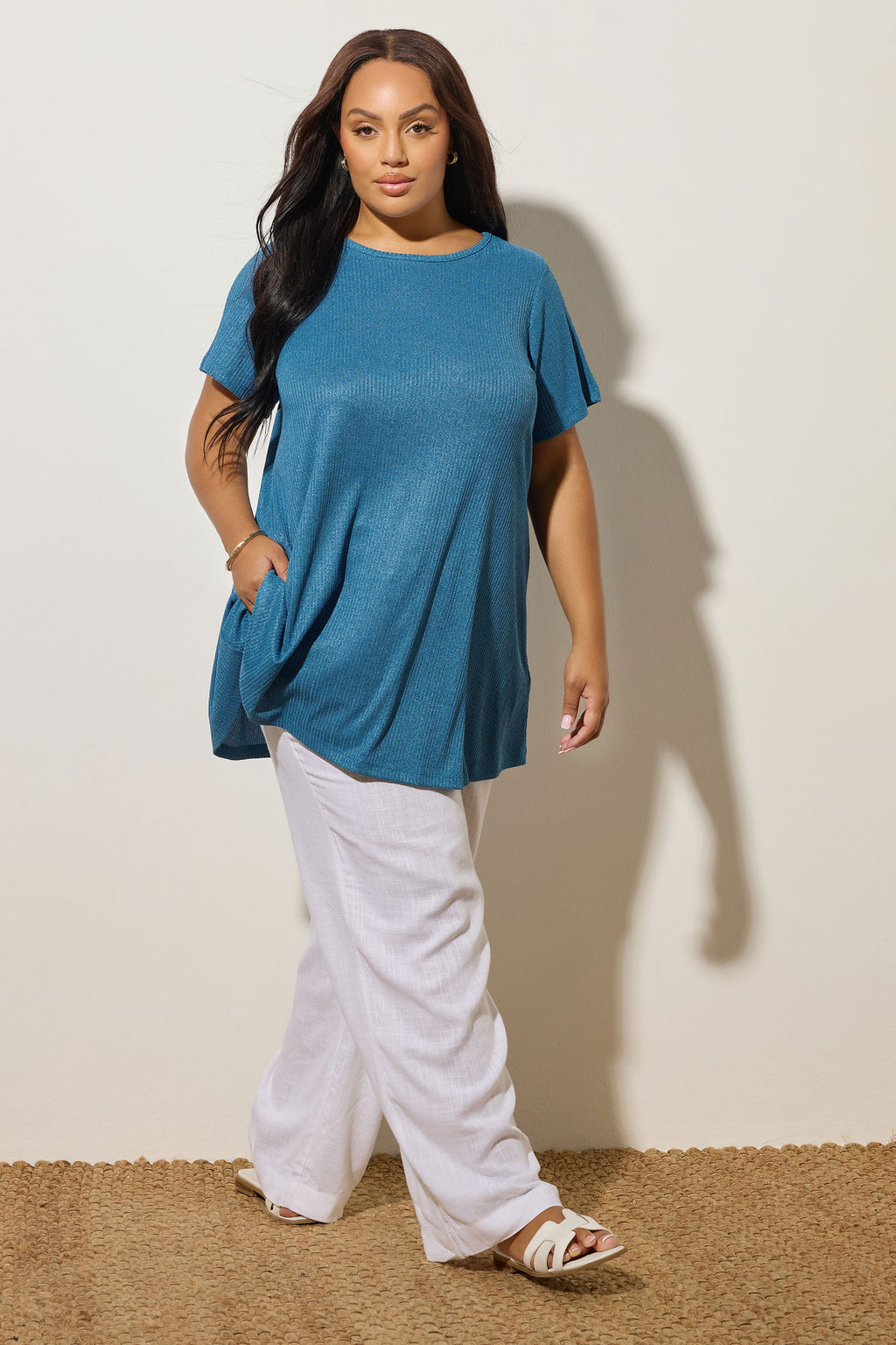  YOURS Curve T-shirt Bleu Côtelé Doux Au Toucher