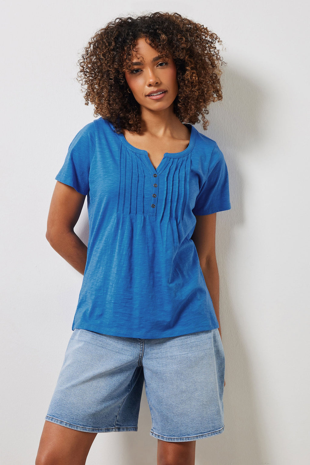  M&Co Cobalt Blue Cotton Short Sleeve Henley Top