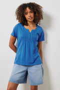  M&Co Cobalt Blue Cotton Short Sleeve Henley Top