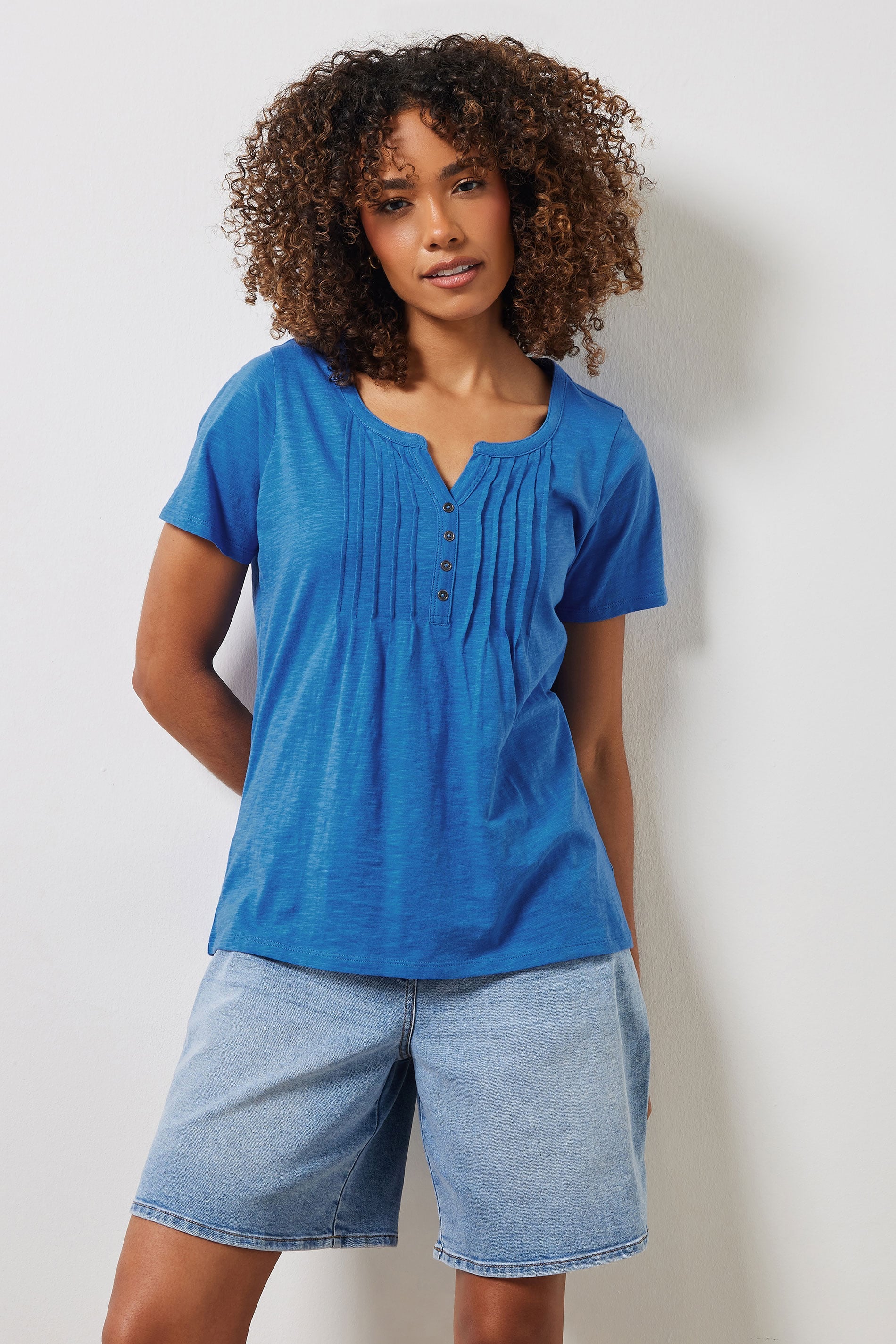  M&Co Cobalt Blue Cotton Short Sleeve Henley Top