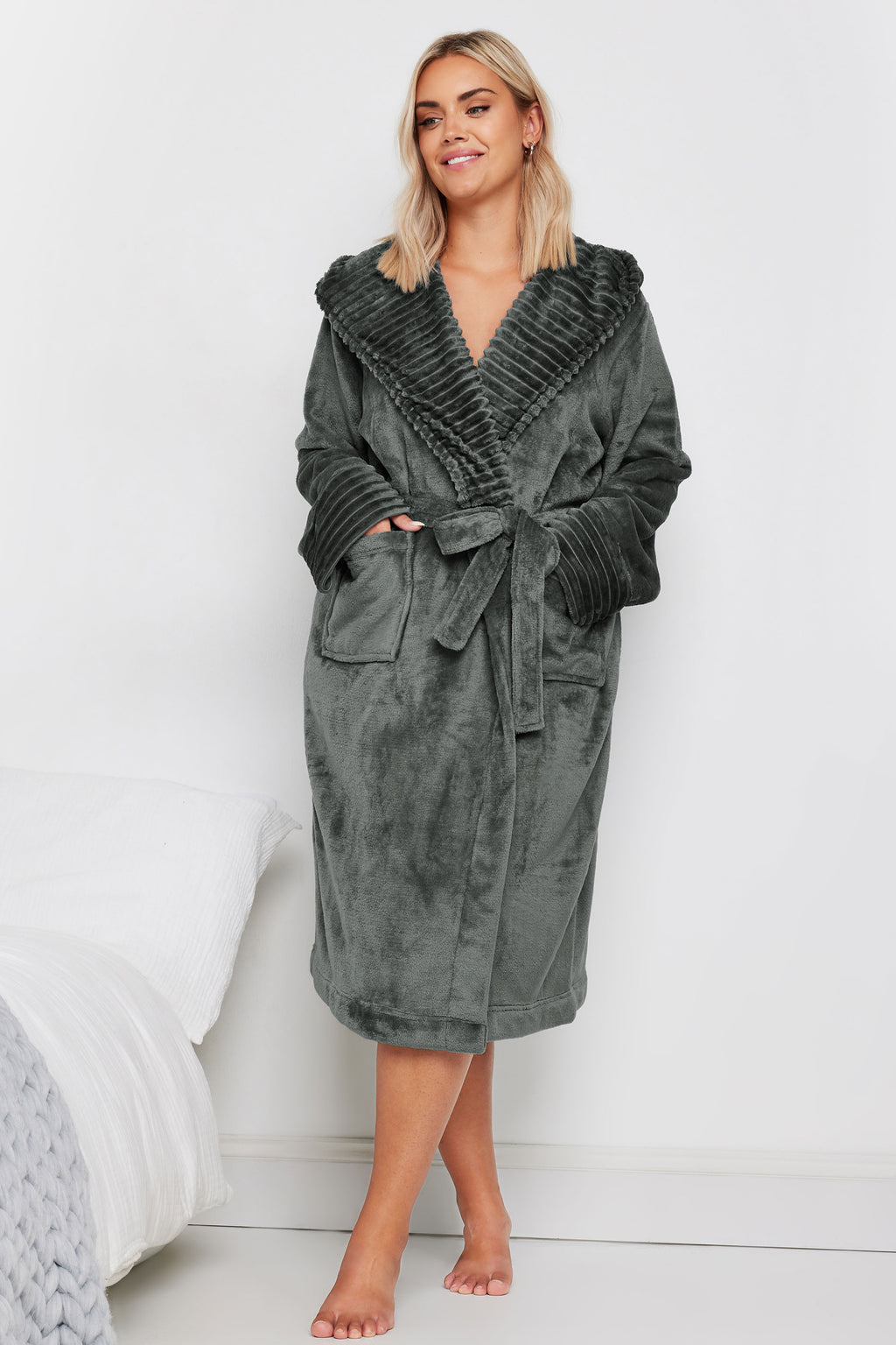  YOURS - Robe De Chambre Grise Gauffrée Nervurée à Capuche