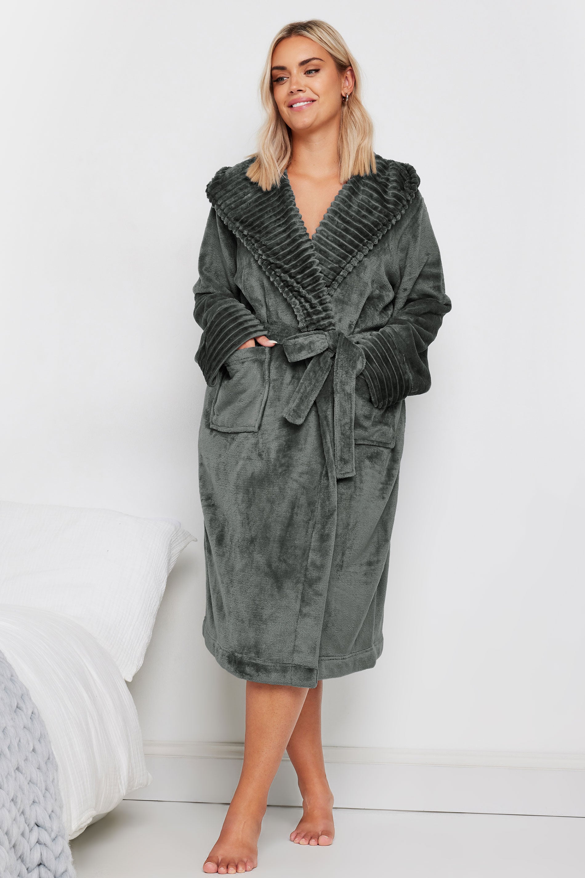  YOURS - Robe De Chambre Grise Gauffrée Nervurée à Capuche